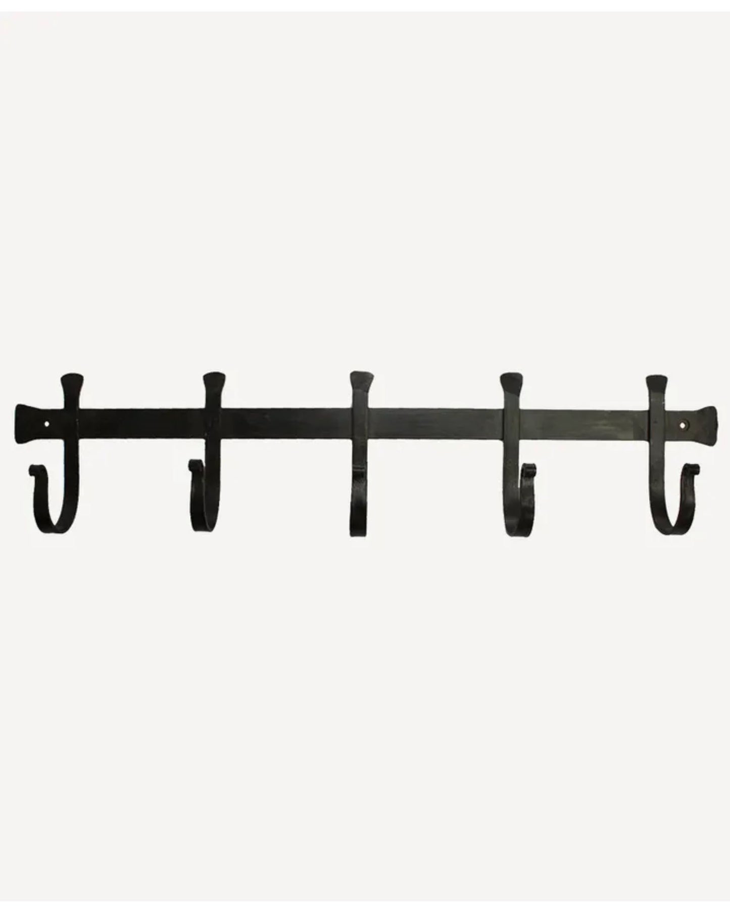 The French Country CHUNKY IRON 5 HOOK BRUSH BLACK coat rack is a black, wall-mounted piece featuring five hooks made from chunky raw iron, set against a white background.