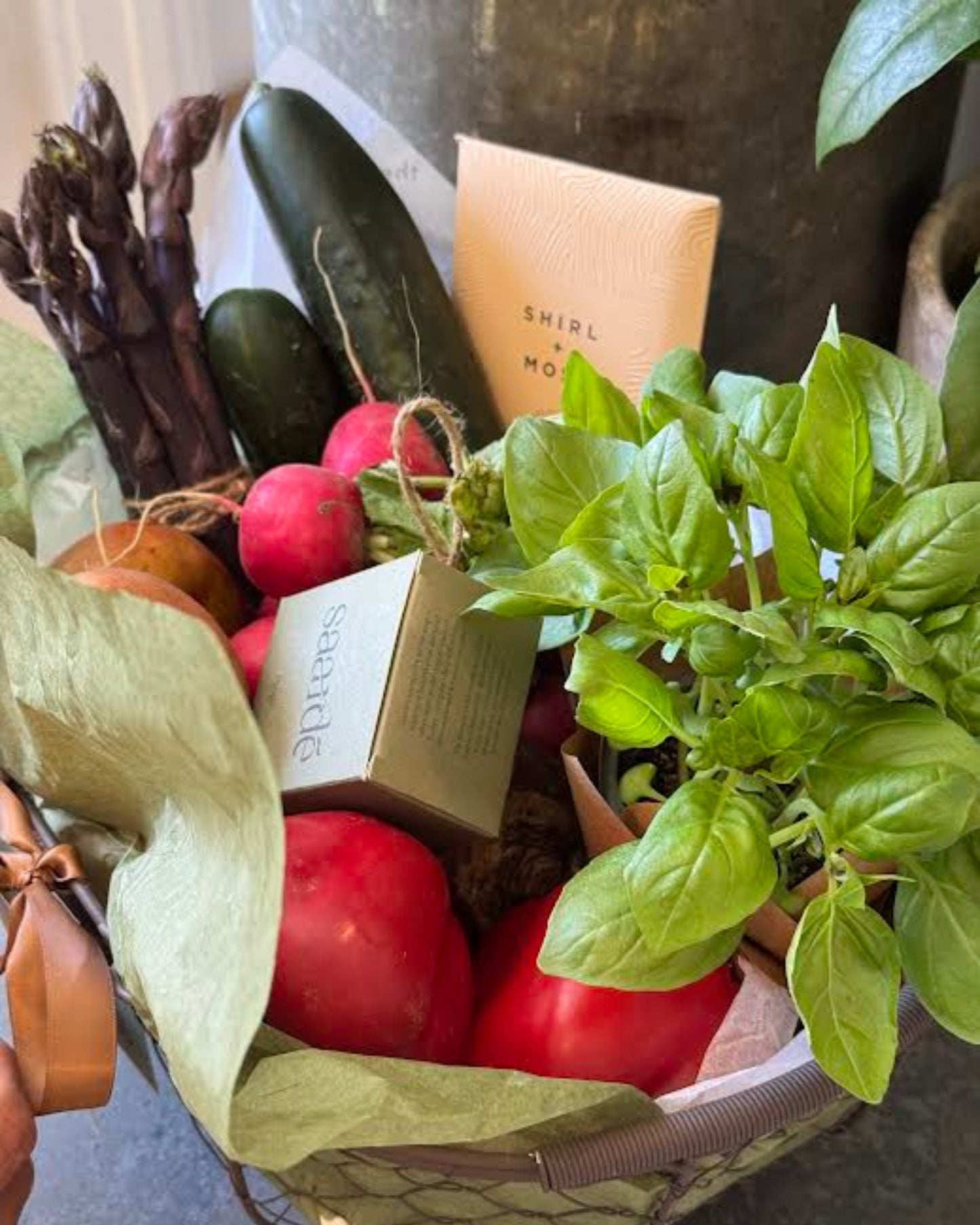 LOCAL MARKET PRODUCE AND BLOOMS GIFT BASKET