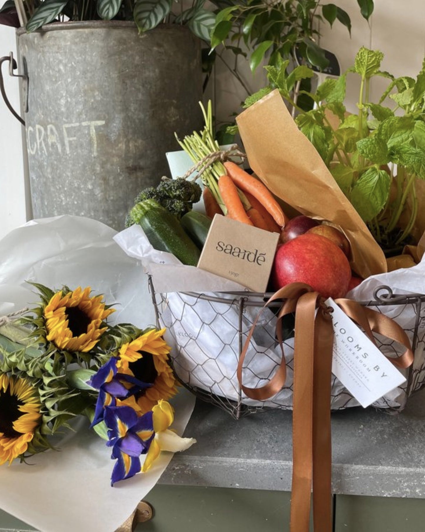 LOCAL MARKET PRODUCE AND BLOOMS GIFT BASKET