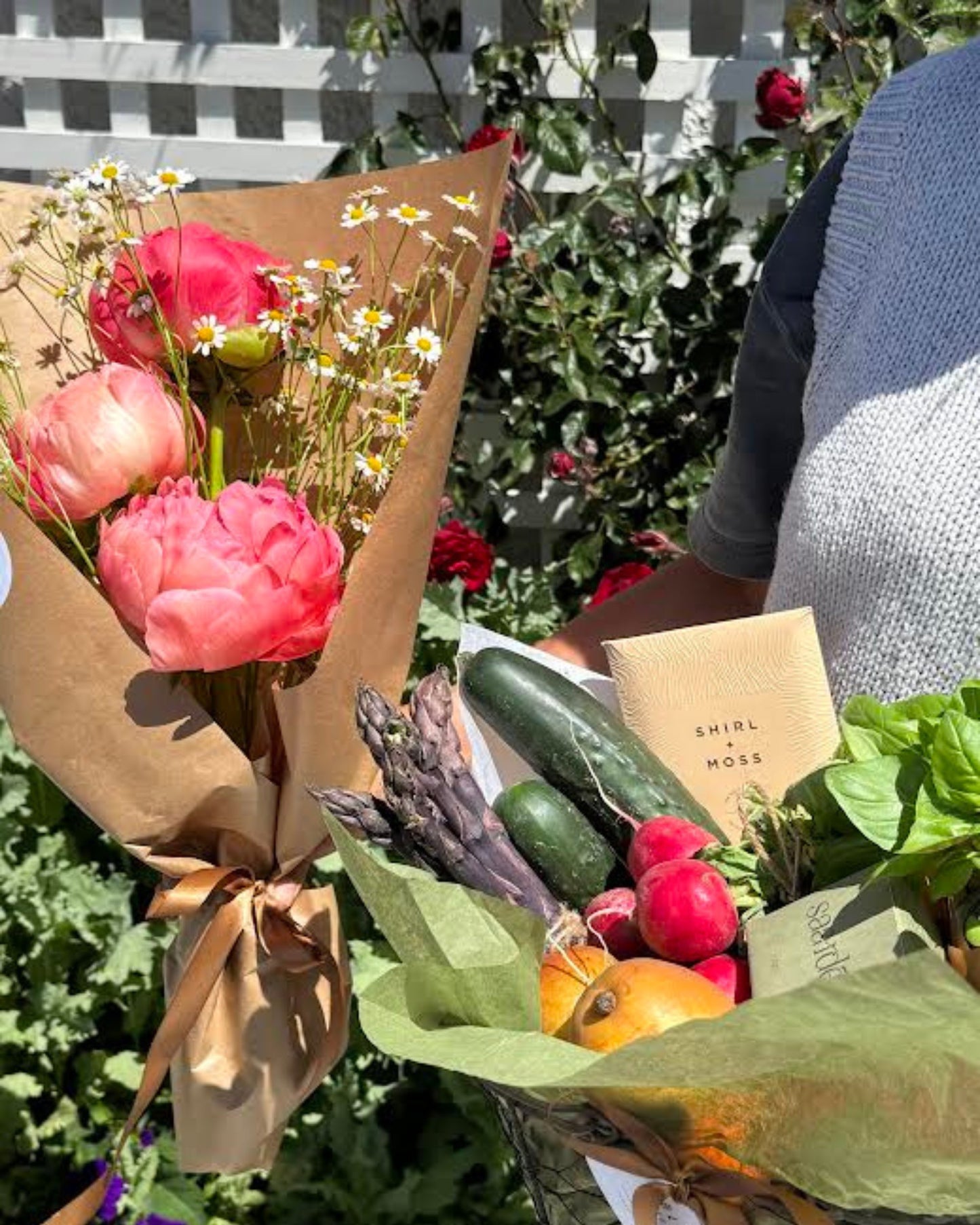 LOCAL MARKET PRODUCE AND BLOOMS GIFT BASKET