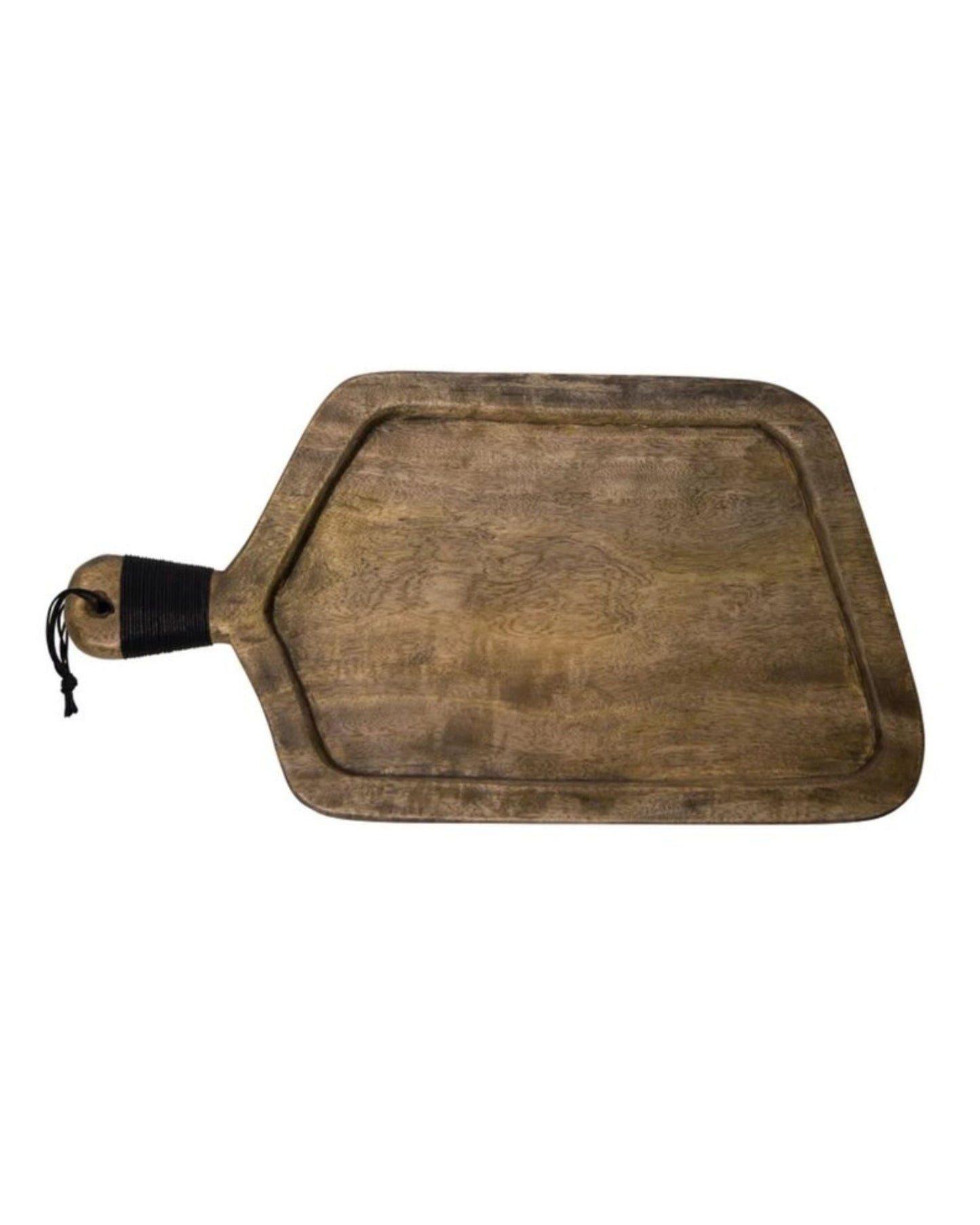 Introducing the RECTANGLE PADDLE BOARD - GREY WASH by Broste: This handcrafted wooden cutting board boasts rounded edges and a handle wrapped in dark material, complete with a small hanging loop. Its rustic appearance, highlighted by visible grain patterns, makes it both an essential kitchen tool and an elegant cheese board.