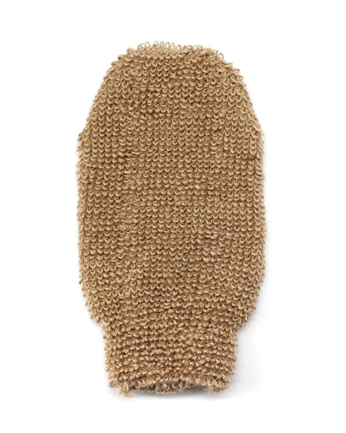 Introducing the CORSICA BATH MITT by Saison: A brown exfoliating bath mitt made from sisal fiber, perfect for skincare and bathing. Its design includes a looped weave pattern on the surface and an opening at the bottom for easy use.