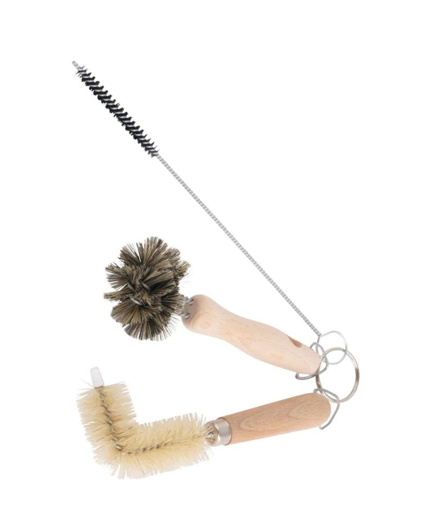 Introducing the SINK CLEANING BRUSH TRIO by Redecker: a trio of wash brushes with wooden handles, each uniquely designed with different bristle shapes for optimal cleaning. This set comprises a narrow plughole brush, a round brush, and an angular hair remover brush, all conveniently linked together by a metal ring.