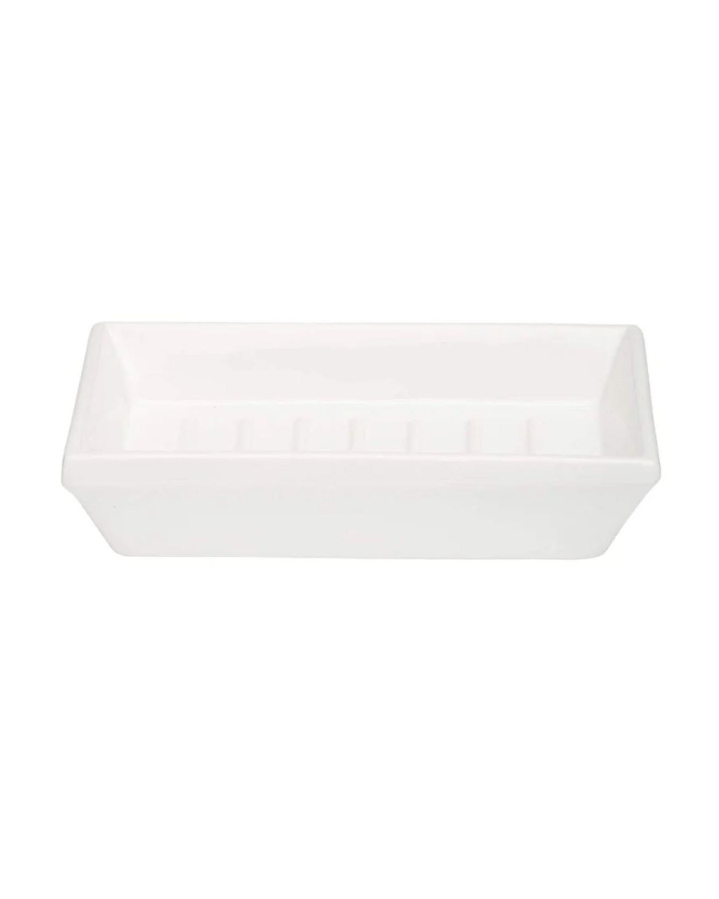 The CLASSIC SOAP DISH by Saison is a rectangular white ceramic accessory with a minimalist design, featuring smooth edges and a slightly raised center for soap placement.