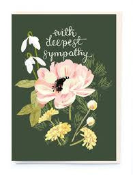 Discover the \"WITH DEEPEST SYMPATHY - GREETING CARD\" by Oxted, elegantly designed with a dark green background featuring illustrations of large pink, white, and yellow flowers surrounded by lush green leaves.