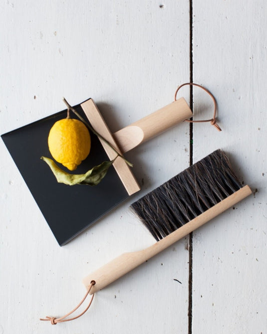 A lemon with leaves rests on an angled black dustpan, part of the Andree Jardin CLYNK GIFT SET, expertly crafted in France and featuring a beechwood handle, alongside its matching brush on a light wood surface.