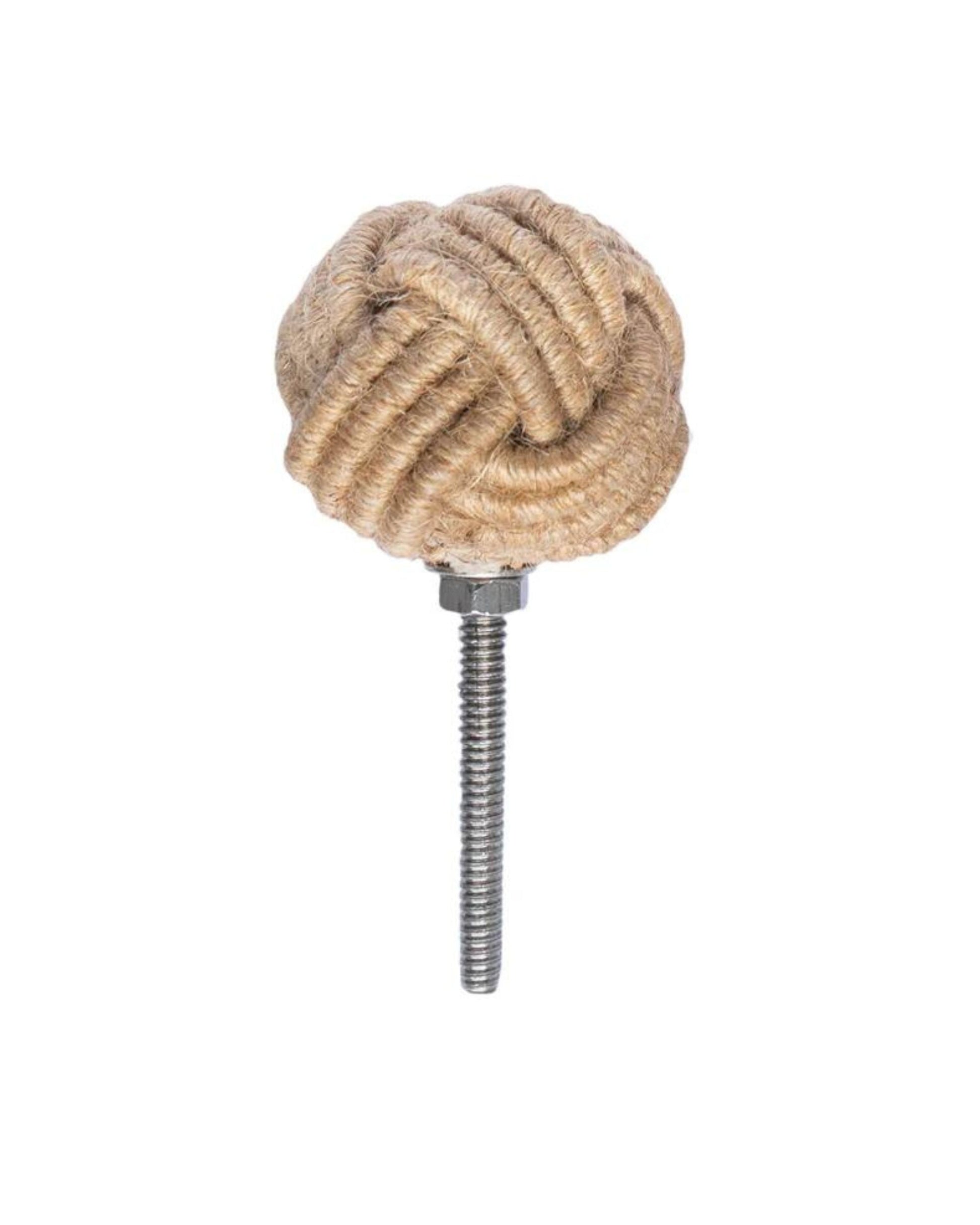 Introducing the MONKEYS FIST DRAWER PULL by Society Ink, a decorative piece featuring a monkey fist knot woven from beige rope and attached to a metal screw. This round, intricately crafted knob is perfect for adding nautical or rustic charm to your drawer collection.