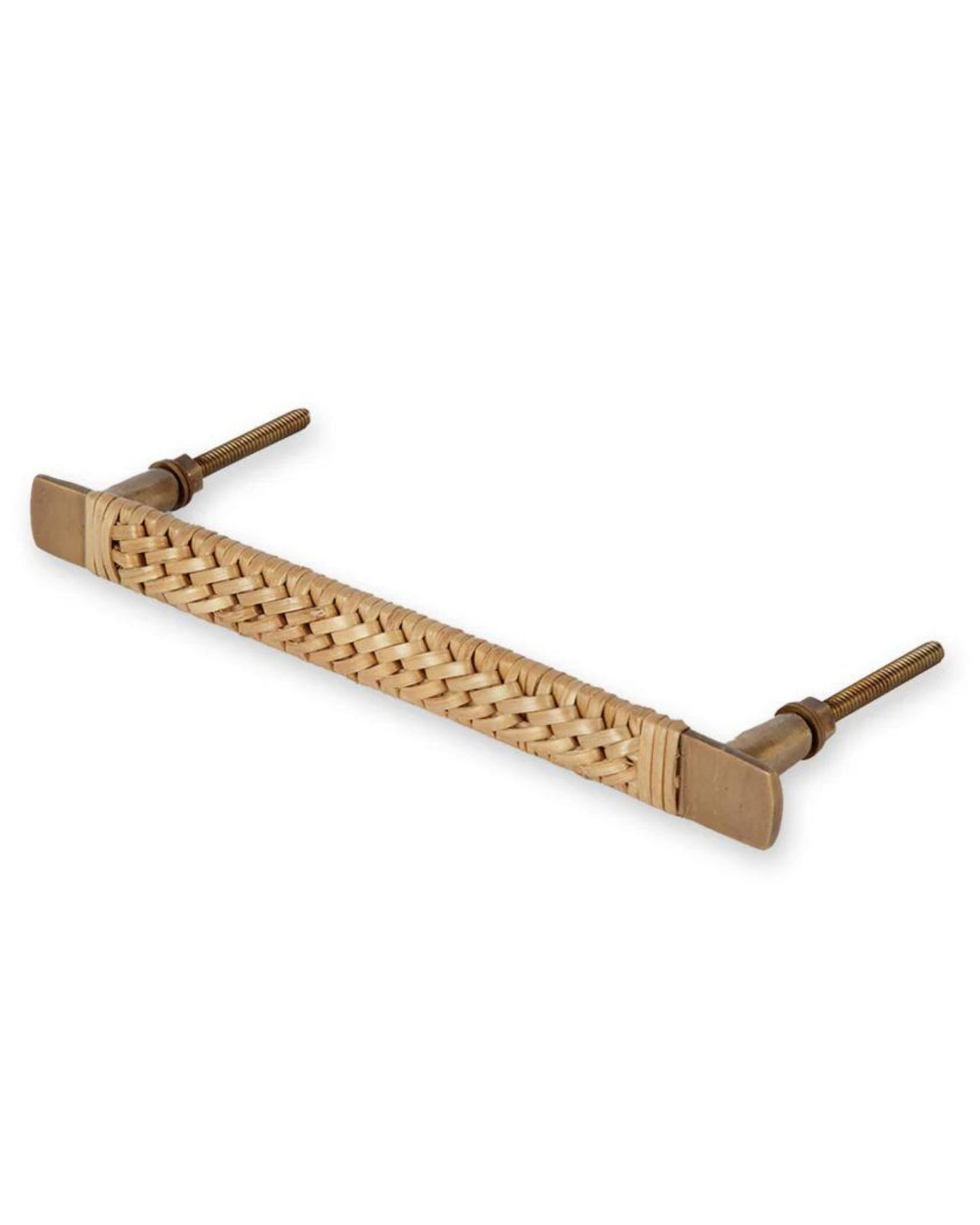 The 1954 DRAWER PULL by Society Ink combines artisanal craftsmanship with natural materials, featuring a woven rattan center and metallic brass ends. Designed for furniture such as drawers or cupboards, it includes two screw attachments for easy installation and an enhanced aesthetic appeal.