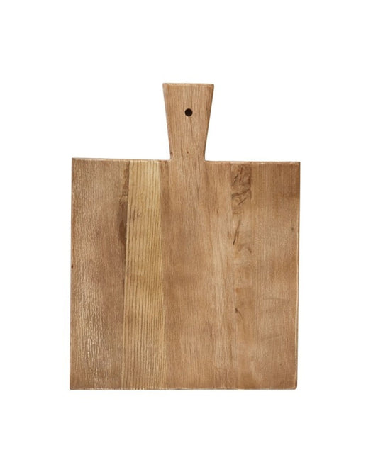 Introducing the ARTISAN SERVING BOARD by Hawthorne, measuring 30cm x 40cm. Crafted from quality wood, this rectangular cutting board includes a handy handle with a hole for easy hanging against a simple white background, making it ideal for those who value well-made wooden products.