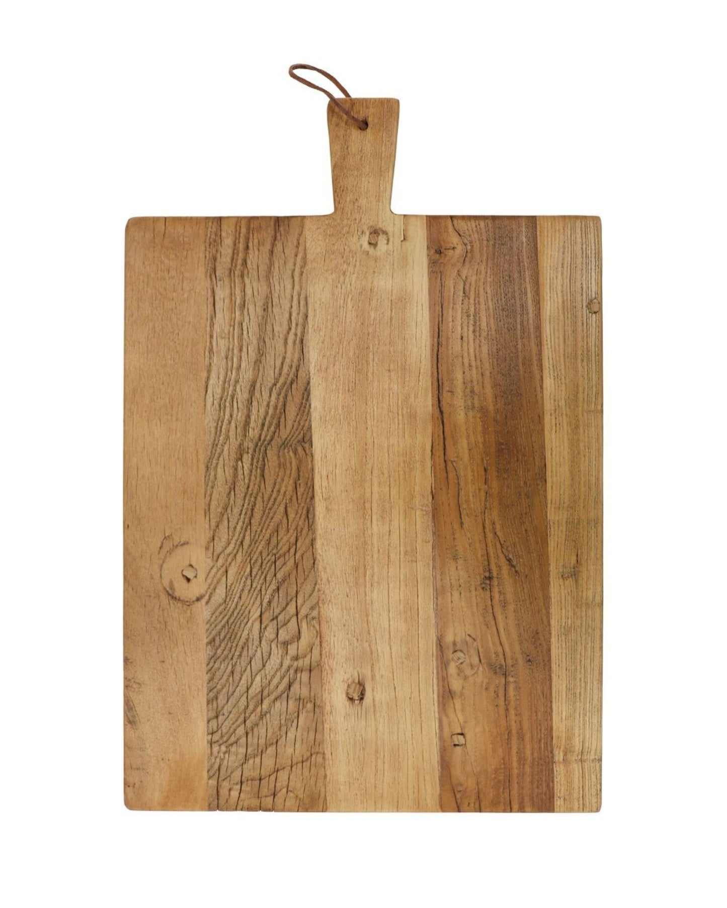 The ARTISAN SERVING BOARD - 50cm by Hawthorne is a rectangular wooden board with a natural finish and visible wood grain patterns, ideal for artisan presentations. It includes a handle fitted with a small leather loop for easy hanging, seamlessly blending functionality and rustic charm.