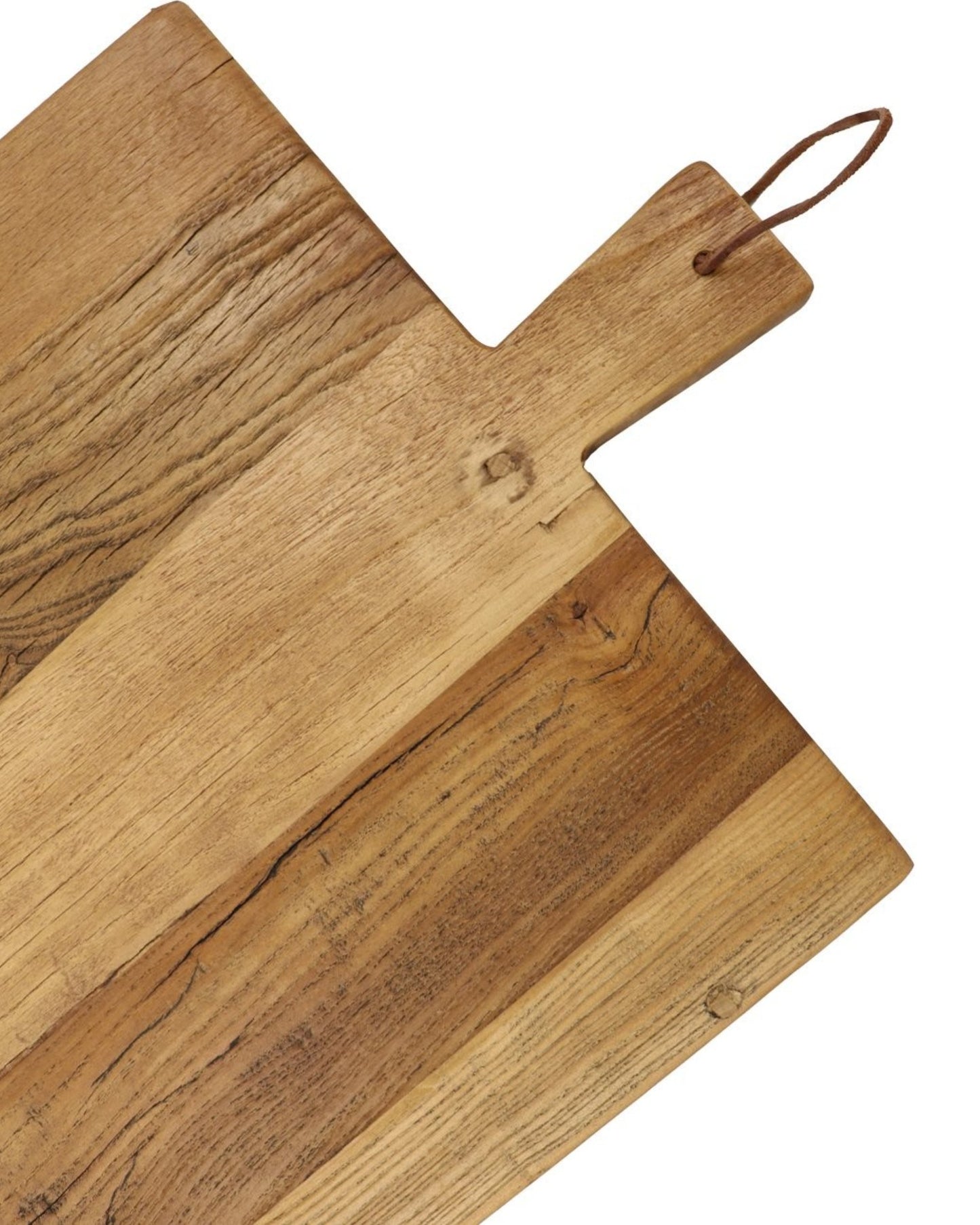 Introducing the Hawthorne ARTISAN SERVING BOARD - 50cm, a rustic wooden board featuring a handle with a leather loop, perfect for artisan serving. It beautifully showcases a natural wood grain pattern in various shades of brown. The handle extends from one side, providing a traditional design ideal for both preparation and presentation.