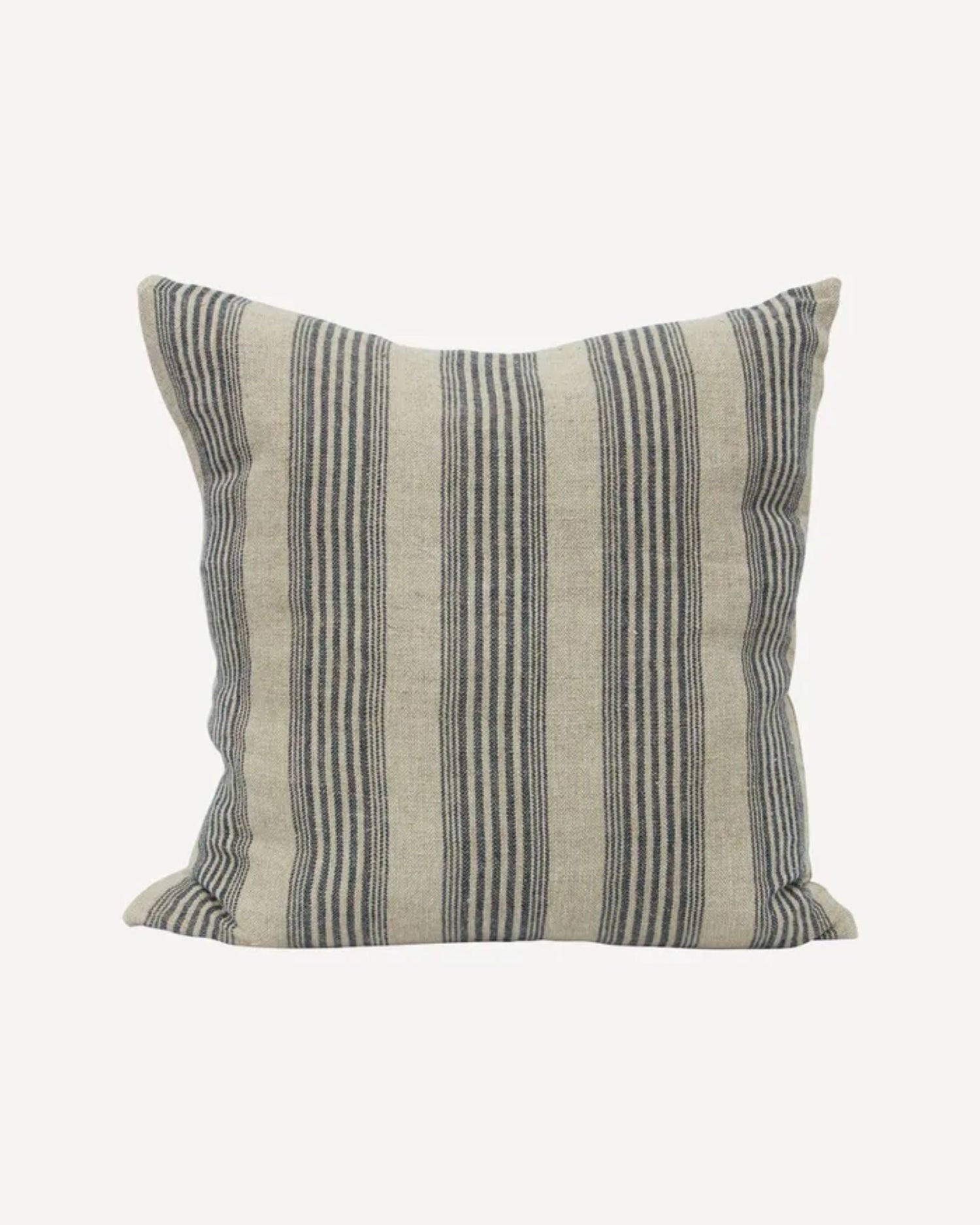 The AUDRY STRIPE CUSHION COVER from French Country features a simple yet classic design with its square shape and beige background adorned with vertical black stripes, giving it a modern and timeless appeal. The linen-textured edges are slightly soft and plush, enhancing both comfort and elegance.