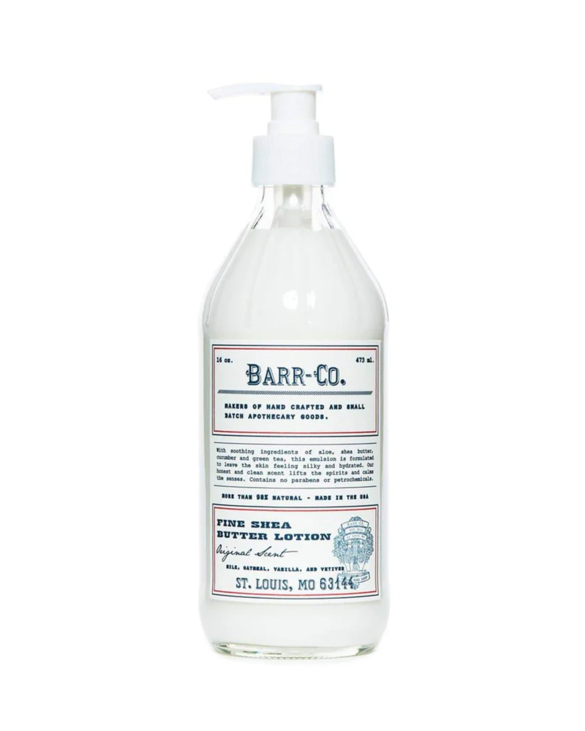 A transparent bottle with a pump dispenser labeled Barr Co showcases the luxurious BARR CO FINE SHEA BUTTER LOTION. The vintage design includes blue text highlighting natural plant extracts, ingredients, and origin for optimal moisture retention. This lotion is bottled in St. Louis, MO.