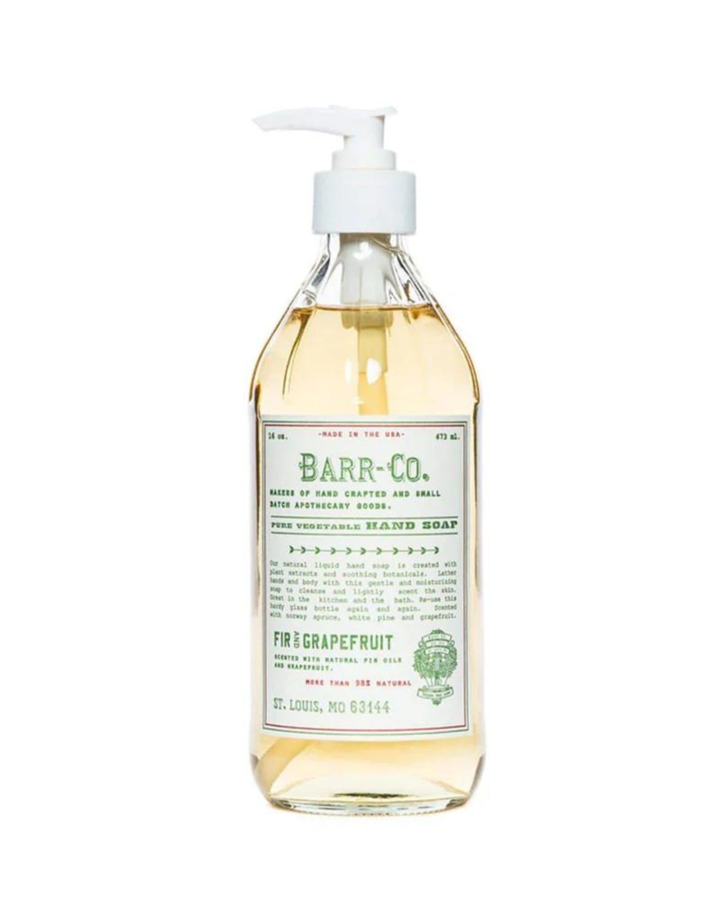 A bottle of BARR CO LIQUID HAND SOAP, featuring a pump dispenser filled with a light amber-colored liquid. The label displays "Fir & Grapefruit" along with the Barr Co brand's details in green and red text on a white background, enriched with natural plant extracts for added care.