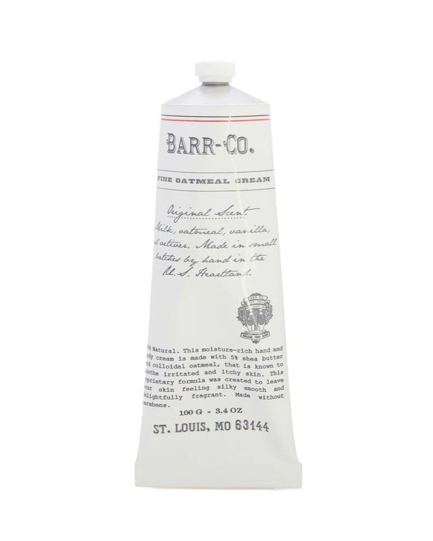 A tall, white tube of BARR CO ORIGINAL HAND CREAM stands against a white background. The vintage-inspired label showcases cursive text and a detailed emblem, with the bottom indicating the product's weight and its manufacturing location in St. Louis, MO.