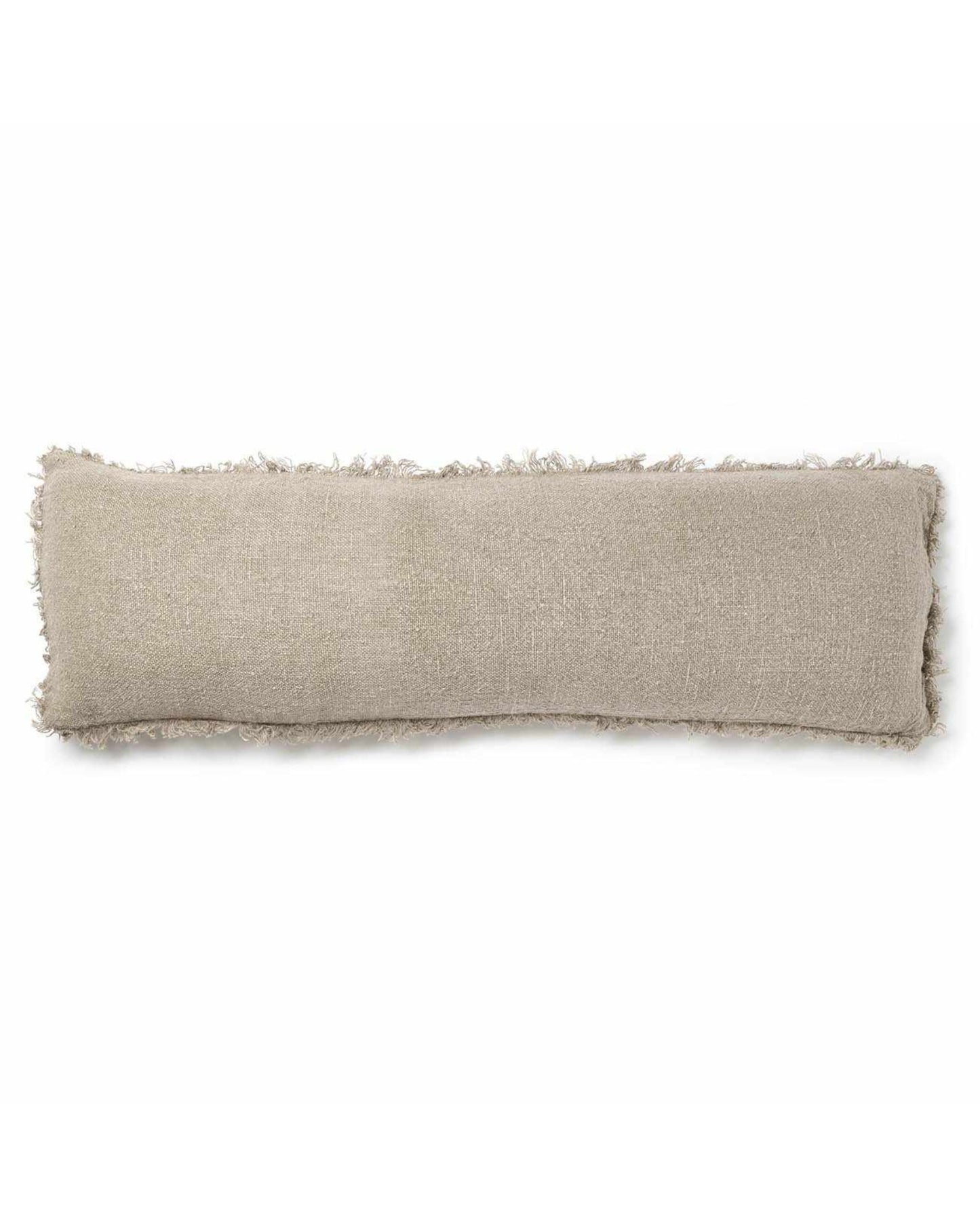 The Eadie BEDOUIN LINEN LONG LUMBER is a long, rectangular beige pillow featuring a rustic chunky texture and frayed edges, reminiscent of a handwoven linen design, placed against a white background.