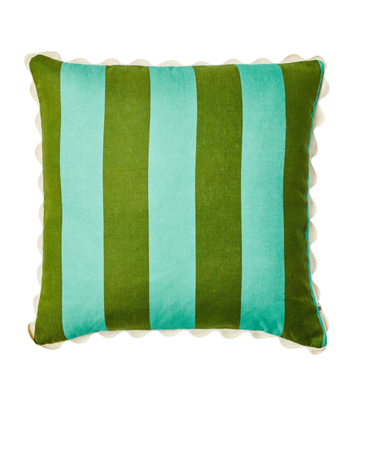 The BIG STRIPE CUSHION - MINT by Bonnie and Neil is a square throw pillow adorned with vertical stripes in shades of green and turquoise. Made from French Flax Linen, it features a wavy, scalloped edge in light beige on a clean white background, ideal for enhancing your home decor.