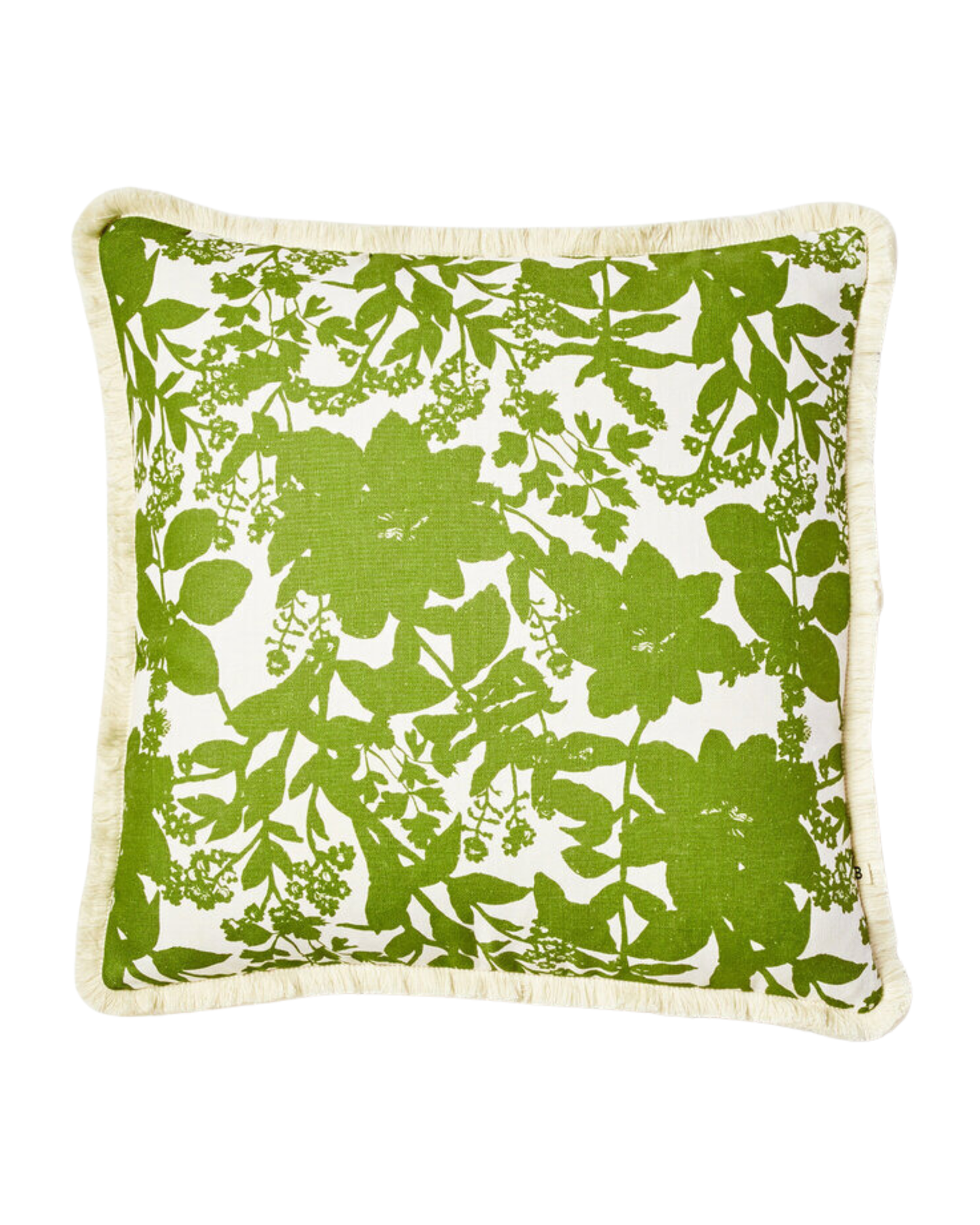 Introducing the HERB REVERSE KHAKI cushion by Bonnie and Neil, measuring 50cm x 50cm. This square floral cushion features an elegant green floral pattern on a white background, evoking the charm of an herb garden. The design includes intricate leaves and flowers with a stylish fringe trim around the edges.