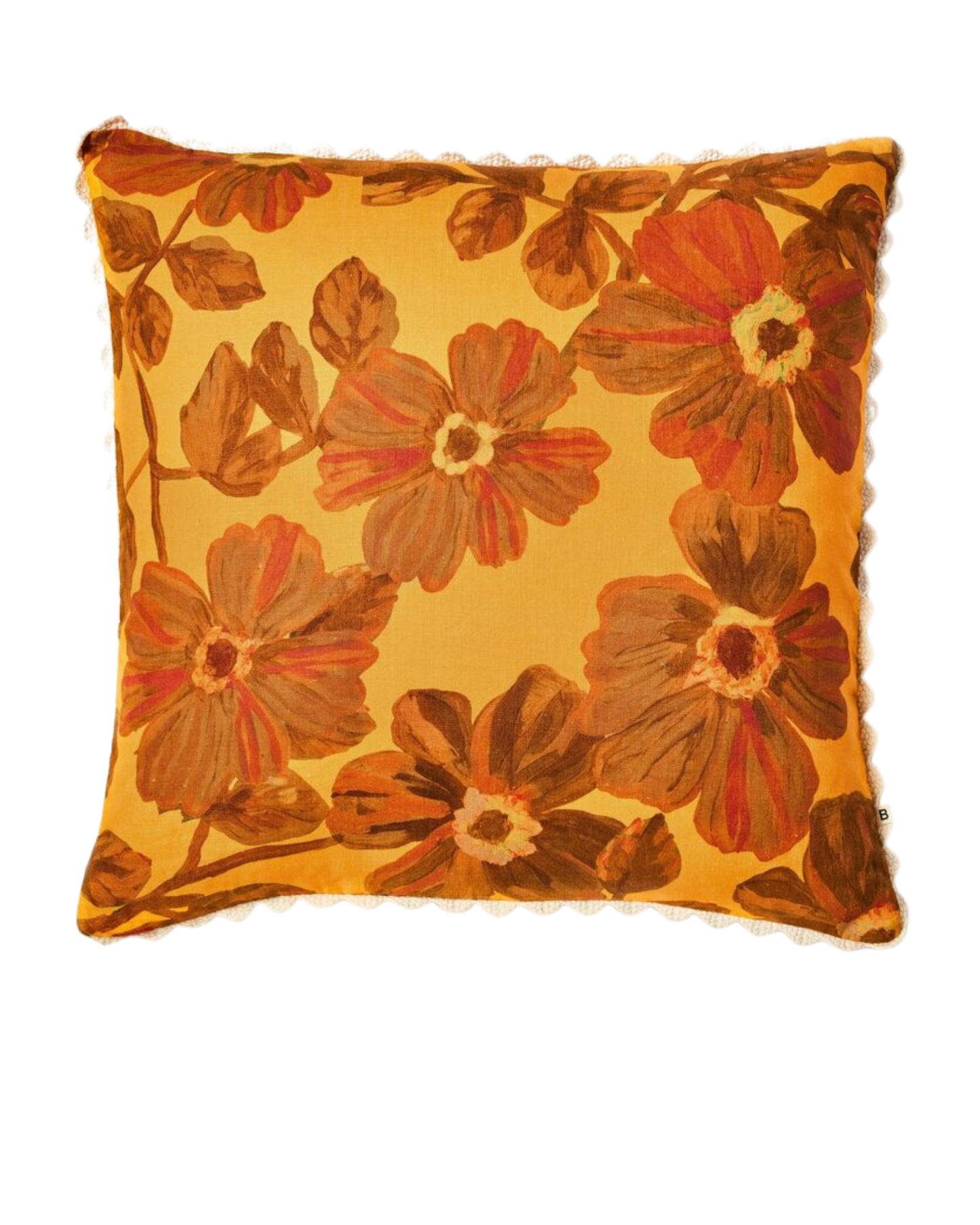 The Bonnie and Neil Rosetta Saffron Cushion, measuring 60cm x 60cm, is a square pillow featuring a vibrant floral design with large brown and red blooms nestled among green leaves on a sunny yellow backdrop. Its vintage tapestry-inspired look is enhanced by an elegant scalloped edge trim for added charm.