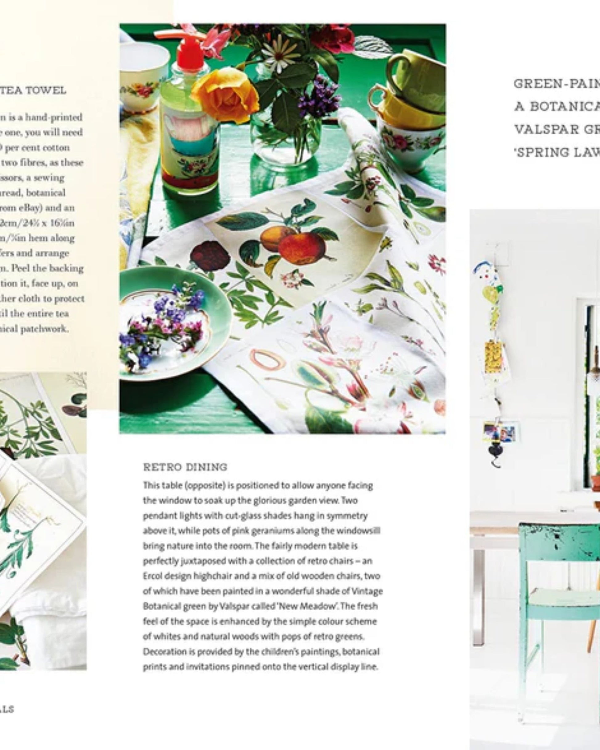 A colorful interior magazine spread featuring a dining table set with floral napkins, decorative plates, and candles showcases the BOTANICAL STYLE by Nation Wide Books. The text describes a retro dining theme in a green-painted room that embraces this style with lush houseplants enhancing the natural ambiance.