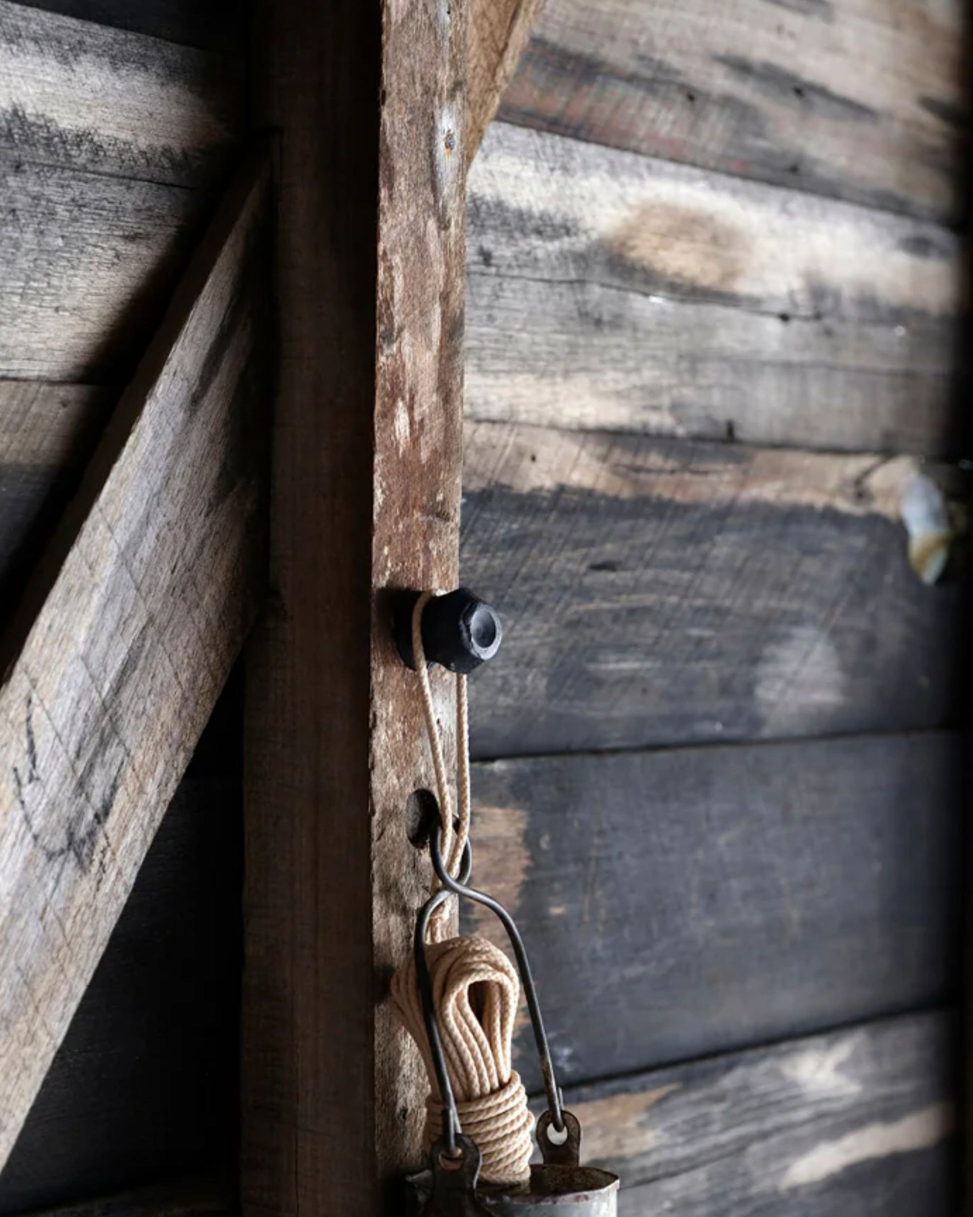 Close-up of a rustic wooden wall featuring a looped rope hanging from a BOWER WALL HOOK/DRAWER KNOB by Society Ink. The wood displays a mix of dark and light tones, showcasing a weathered texture.