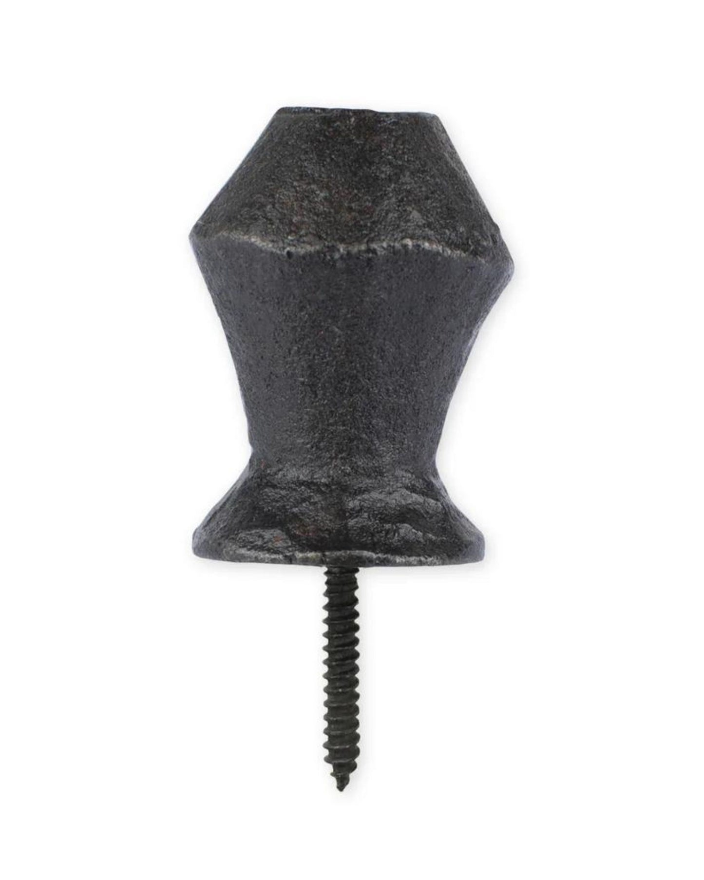 The BOWER WALL HOOK/DRAWER KNOB from Society Ink is a black metal accessory showcasing a faceted, geometric design with a screw at the base, ideal for enhancing your furniture or cabinetry with an artisanal touch.