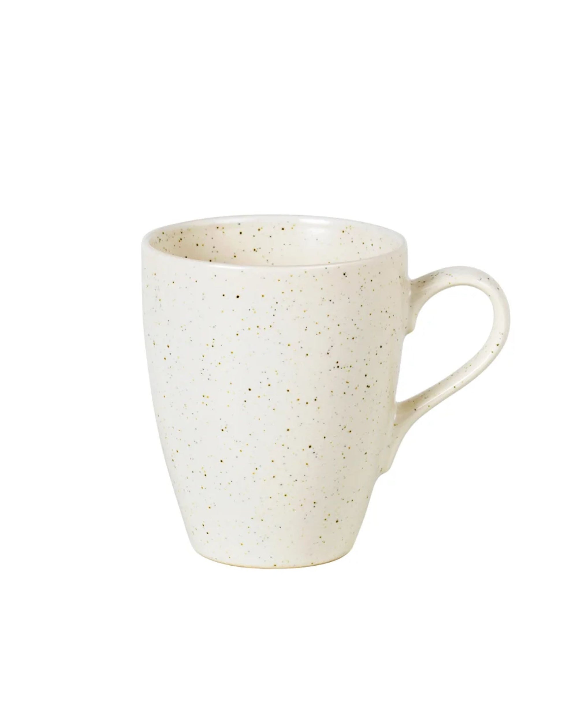 The NORDIC VANILLA MEGA MUG W/HANDLE by Broste is a cream-colored ceramic mug adorned with small brown speckles, featuring a slightly tapered body and a rounded handle. Set against a plain white background, this piece adds cozy mornings and minimalist elegance to your stoneware collection.