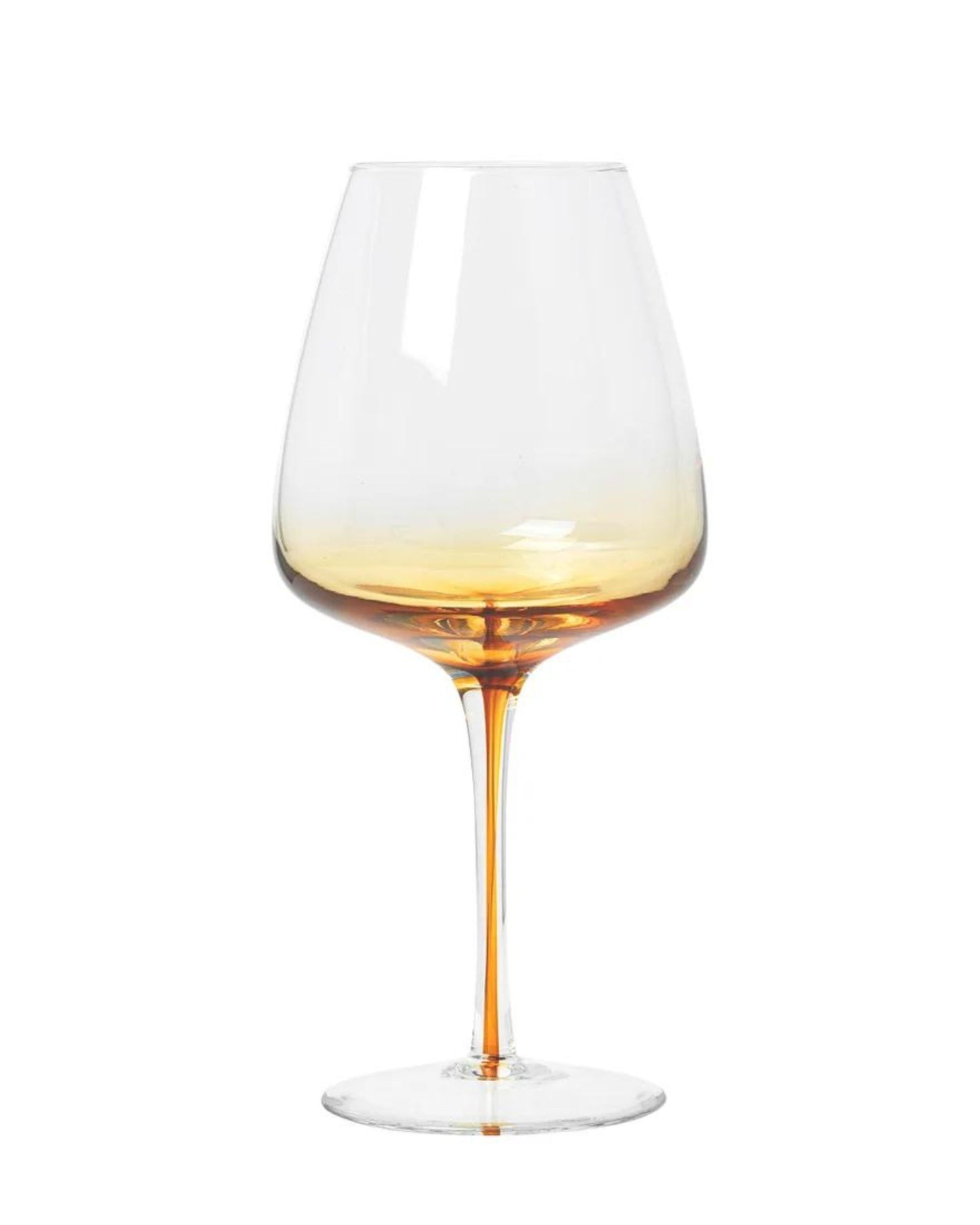 The RED WINE GLASS from Broste boasts an elegant, wide bowl paired with a long and slender stem. As part of the Smoke collection by Broste Copenhagen, it showcases a gradient tint in amber and clear hues, reflecting Nordic nature for a stylish and sophisticated look. The base is finely crafted and clear.