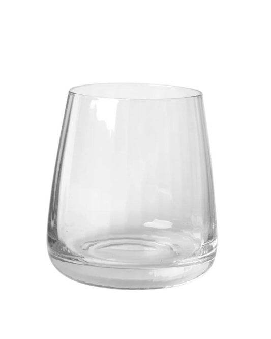 The Broste SANDVIG SHORT TUMBLER is a clear glass with a slightly rounded base, showcasing Nordic design elegance, set against a plain white background.