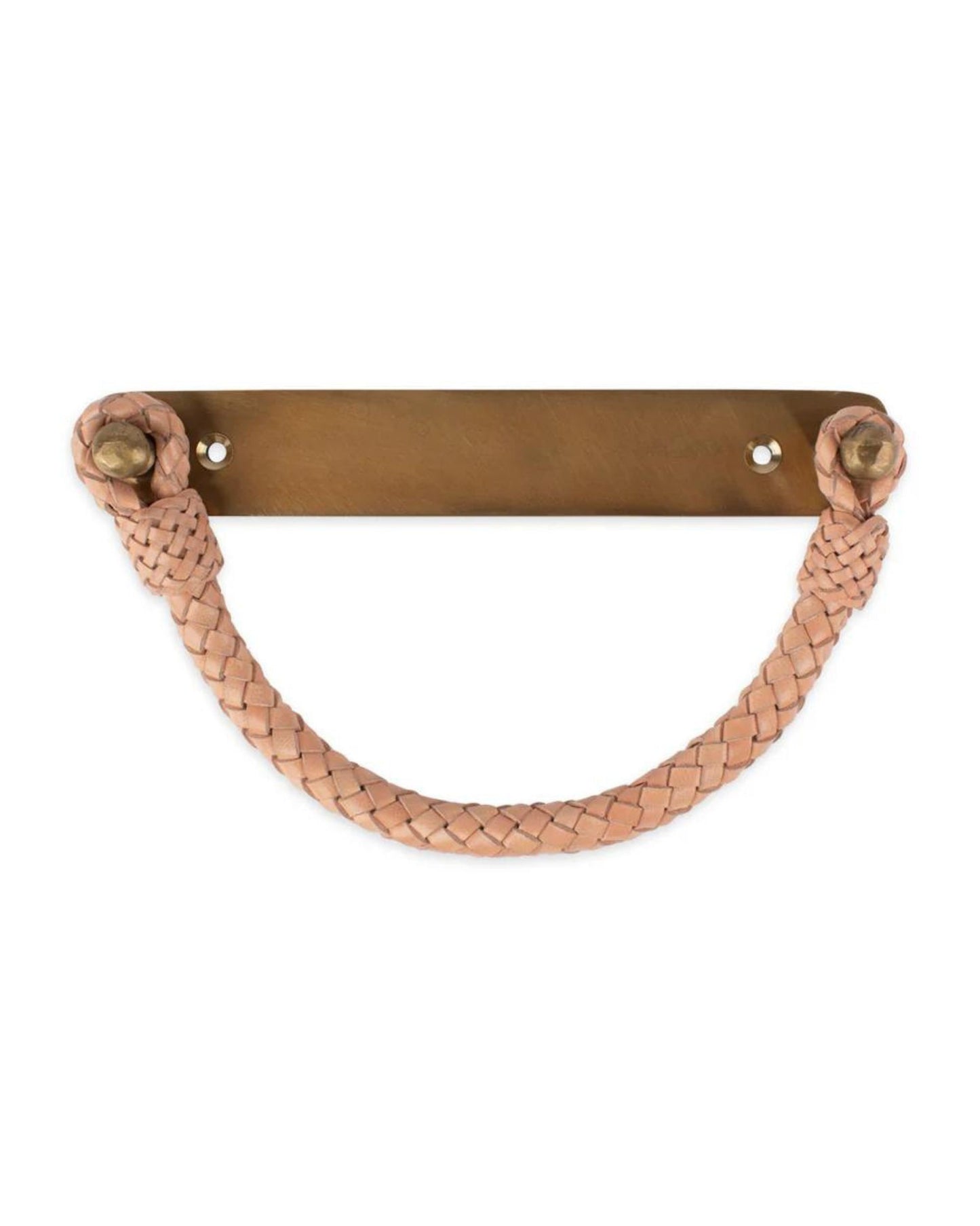 Introducing the BULLO TOILET ROLL HOLDER by Society Ink, featuring a rectangular brass wall mount with two elegant light tan leather braided loops that form a sophisticated handle. This luxe fitting includes two visible screws for installation, evoking the artistry and craftsmanship cherished by whip makers.