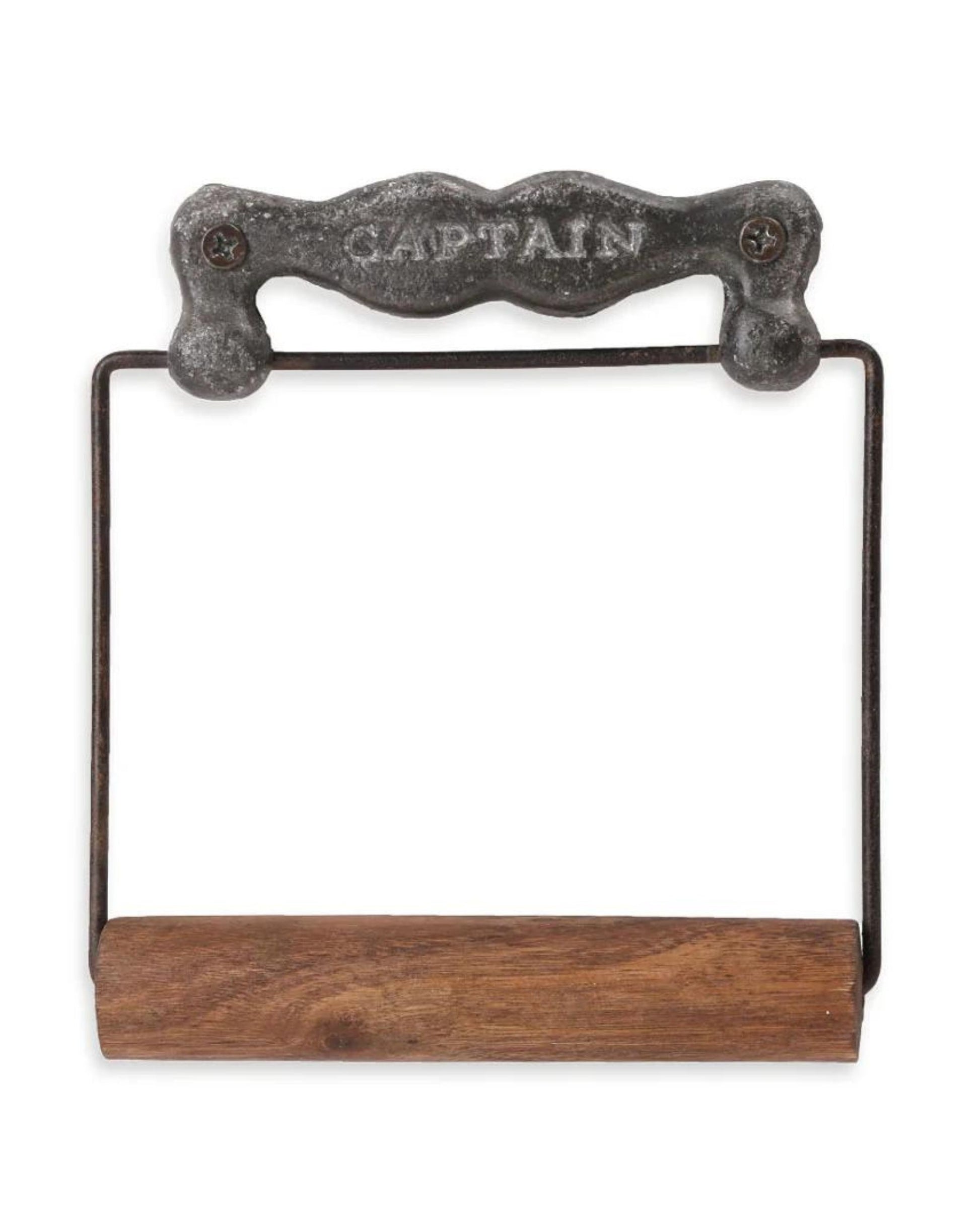 Introducing the CAPTAINS ROLL by Society Ink: a rustic toilet paper holder with a vintage design that's perfect for enhancing pirate-themed home decor. It boasts an industrial and antique appearance, featuring a cast iron handle labeled "CAPTAIN" and a wooden rod to hold the toilet paper roll, adding character to any bathroom.