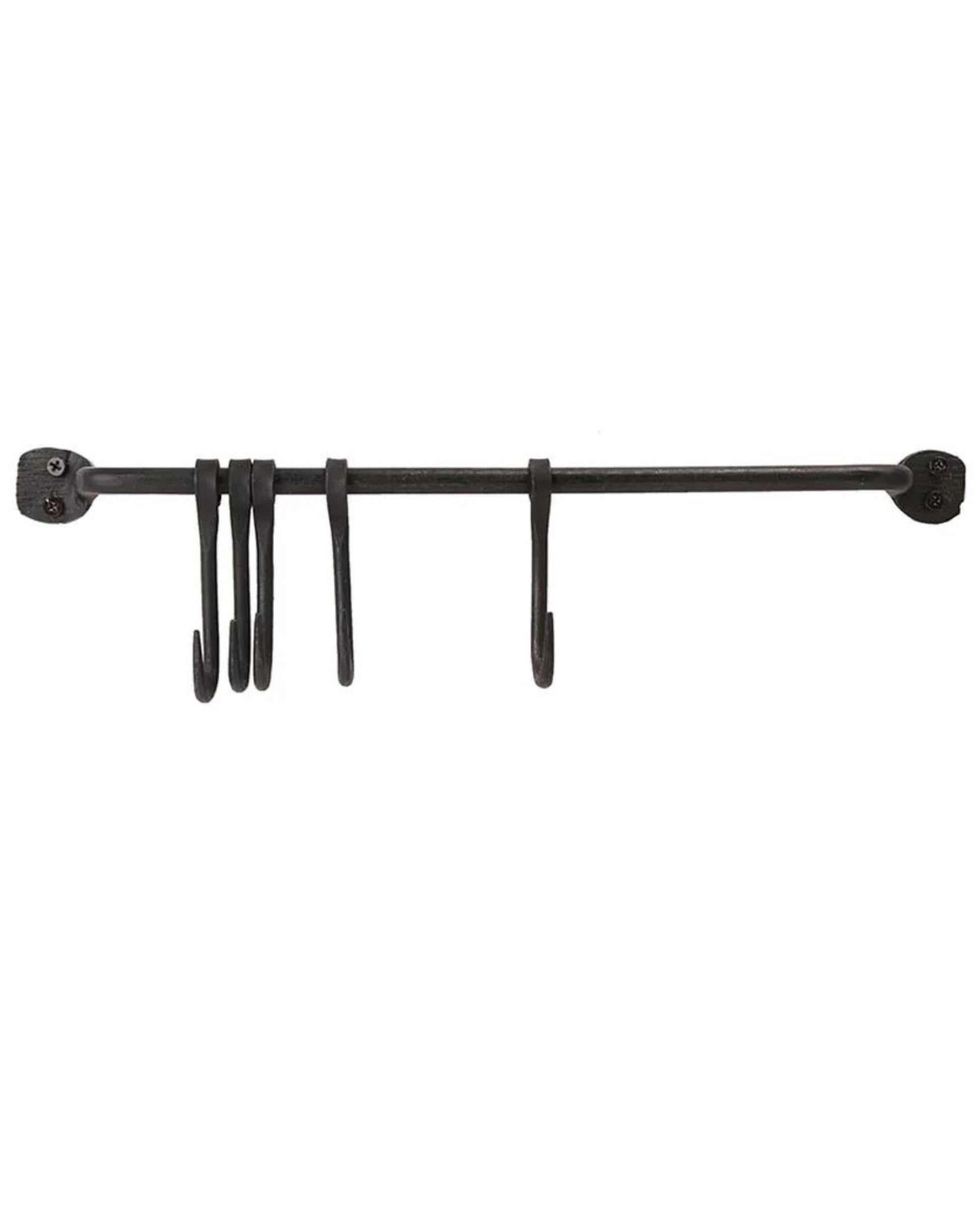 Introducing the CHANDLER RACK by Society Ink: a sleek black, wall-mounted metal rack with four evenly spaced fixed hooks. The rack features round end mounts secured with screws, and the hooks hang vertically, providing a versatile solution for your kitchen to hold various items. Its straightforward and practical design makes it an ideal addition to any space.