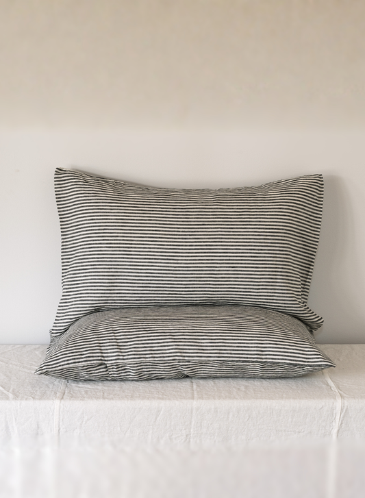 LE LIN - STANDARD PILLOW CASE SET - DARK CHARCOAL STRIPE