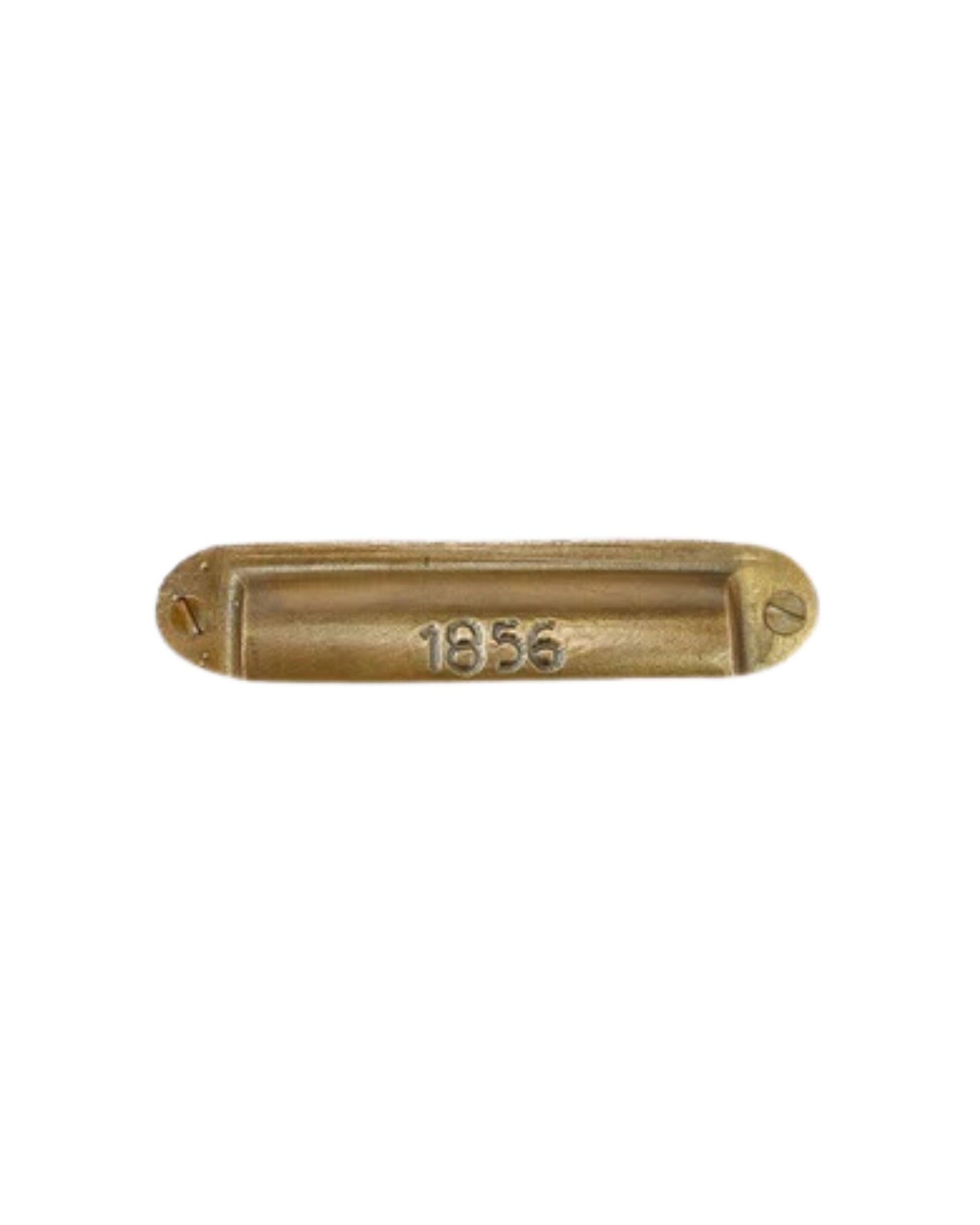 A CURIO DRAWER PULL by Society Ink, made of brass and adorned with the engraved numbers 1856 at its center, features two screw holes on each side for mounting. It is designed in Australia and reflects the era of Darwin's study.