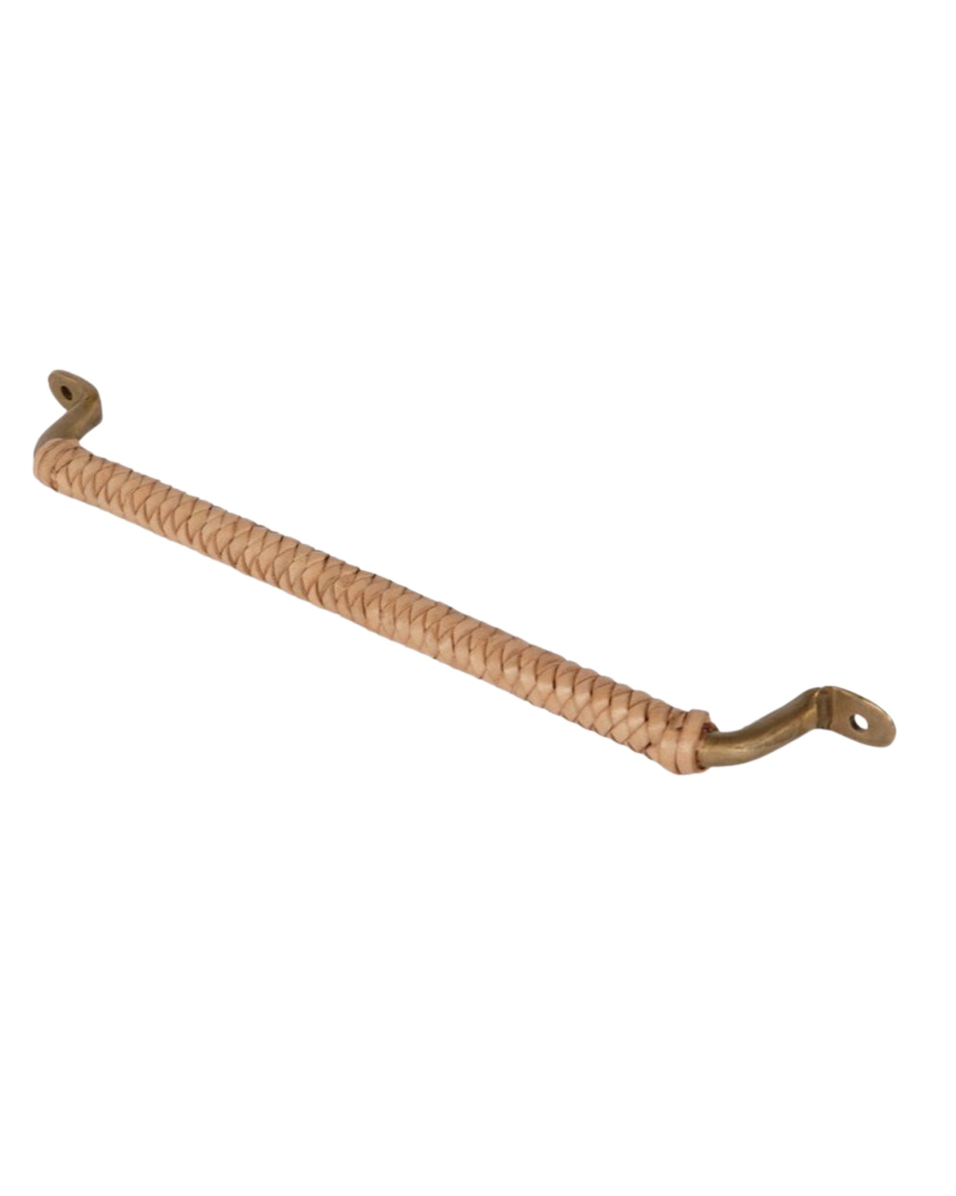 The CUTTER PULL by Society Ink features a braided tan leather handle with brass metal ends, showcasing exquisite leather braiding, designed for attachment and elegantly resting against a plain white background.