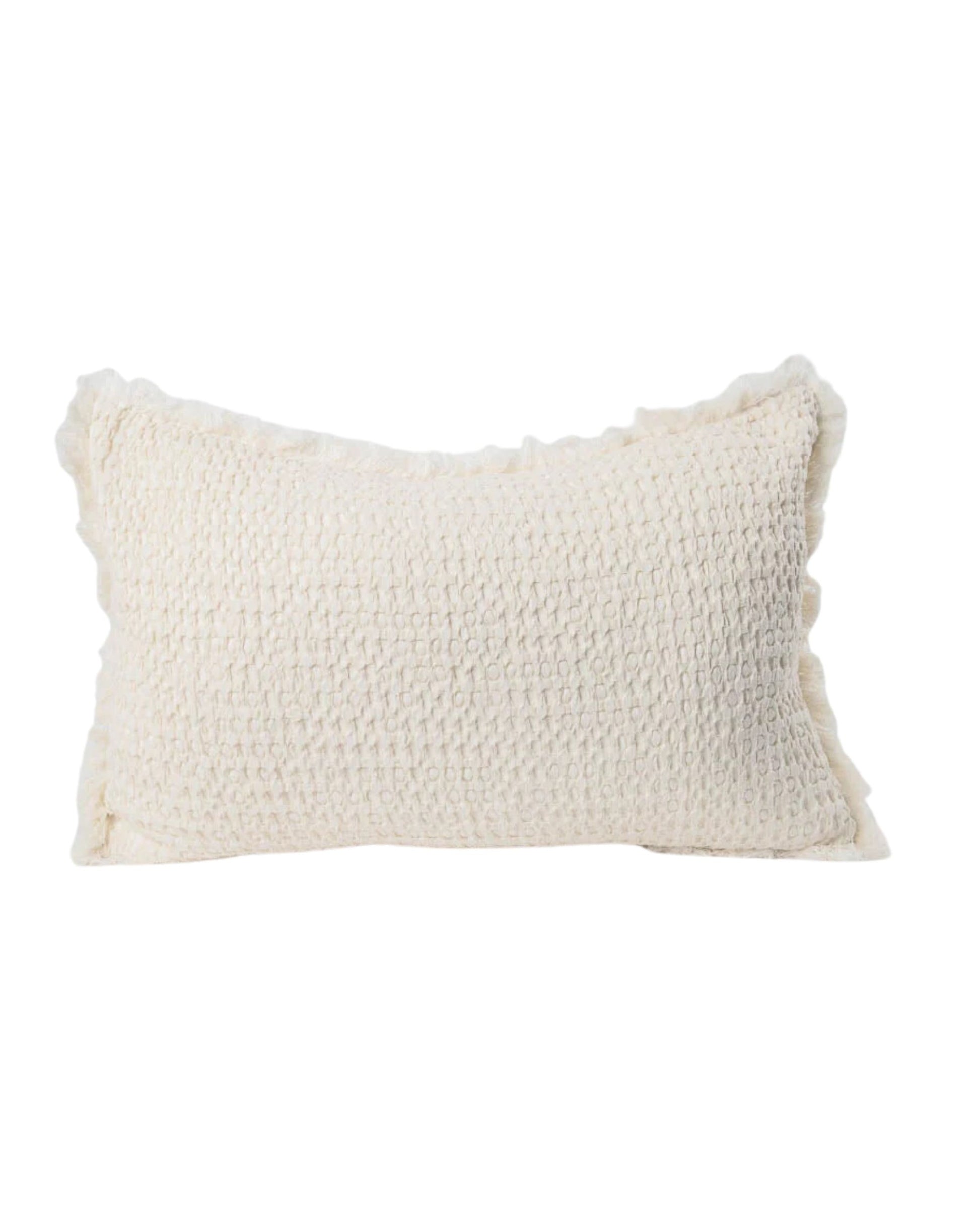 Introducing the ELEMENT CUSHION - IVORY 40x60 by Eadie, a rectangular decorative pillow made from a luxurious blend of linen and cotton. This ivory cushion features a textured pattern with ruffled edges, bringing a subtle boho vibe to any plain white background.