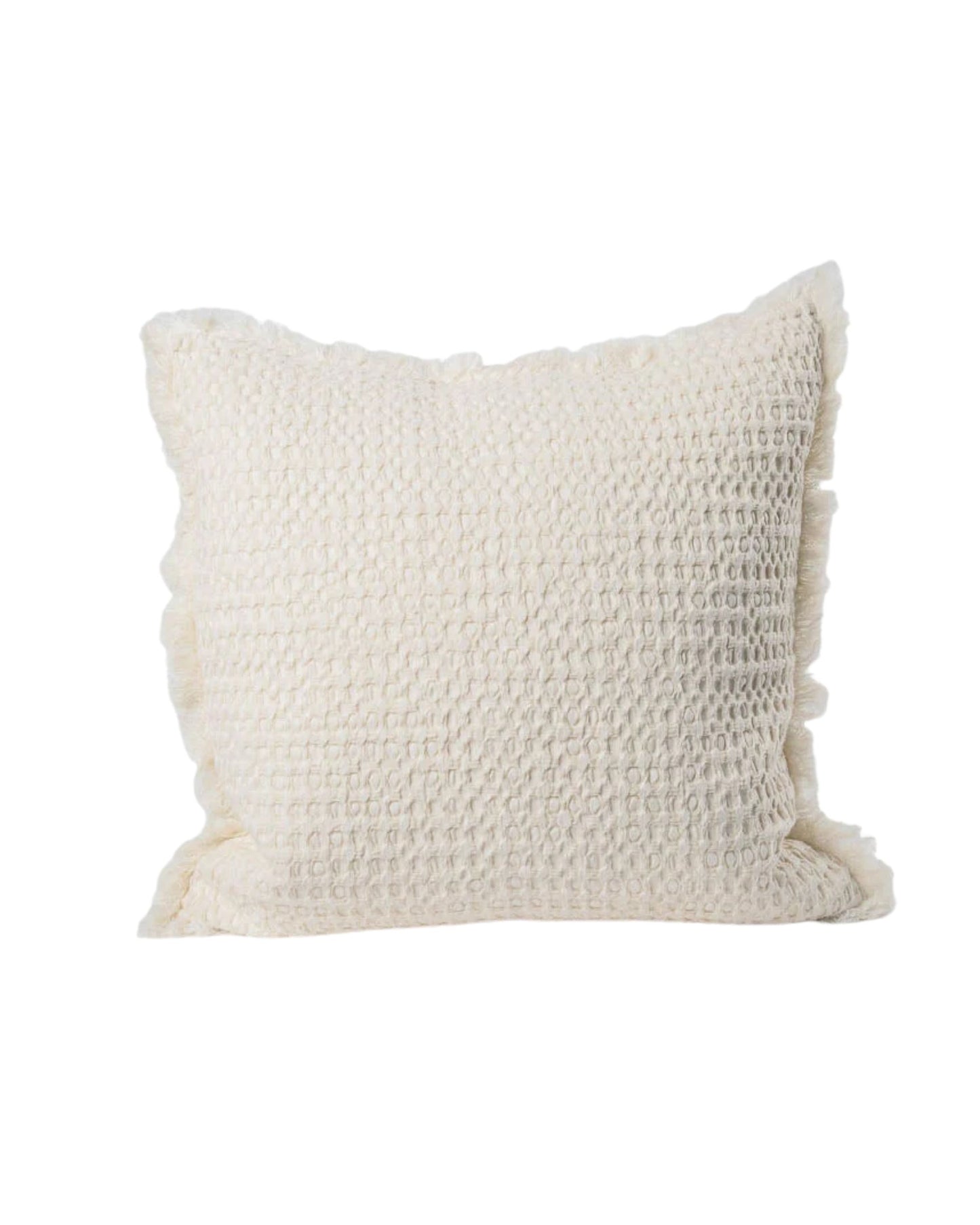 The ELEMENT CUSHION - IVORY 50X50 by Eadie showcases a textured, woven fabric with ruffled edges in a square shape, offering a subtle boho effect. Made from a luxurious linen cotton blend, it elegantly contrasts against the plain white background.