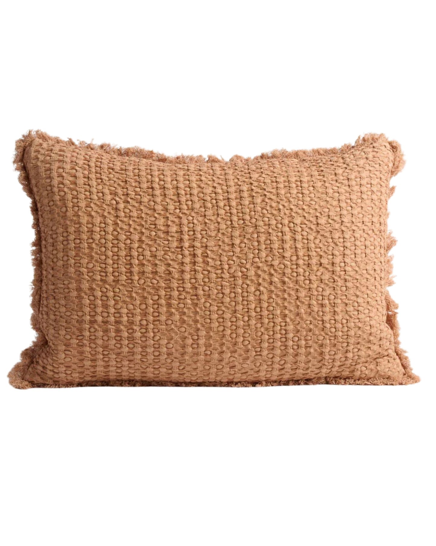 The Element Cushion - Ochre 40x60 by Eadie is a rectangular pillow made from textured, woven fabric in a warm ochre shade. It features a slightly fringed edge, enhancing its cozy, boho aesthetic.