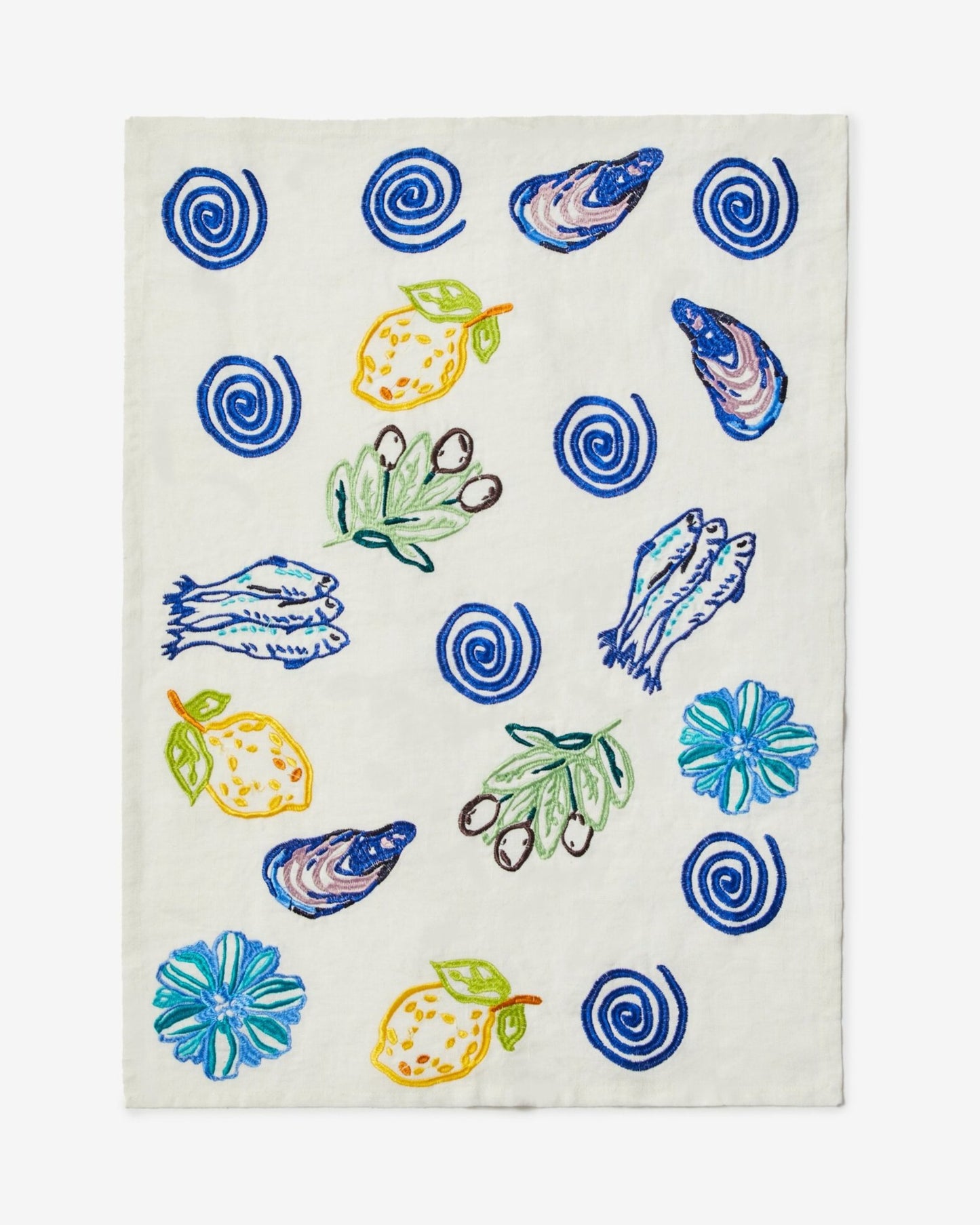 EMBROIDERED SARDINES BLUE TEA TOWEL