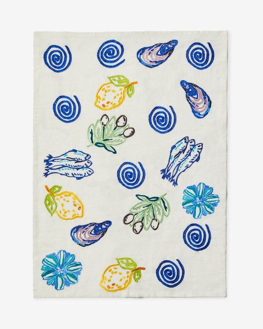 EMBROIDERED SARDINES BLUE TEA TOWEL