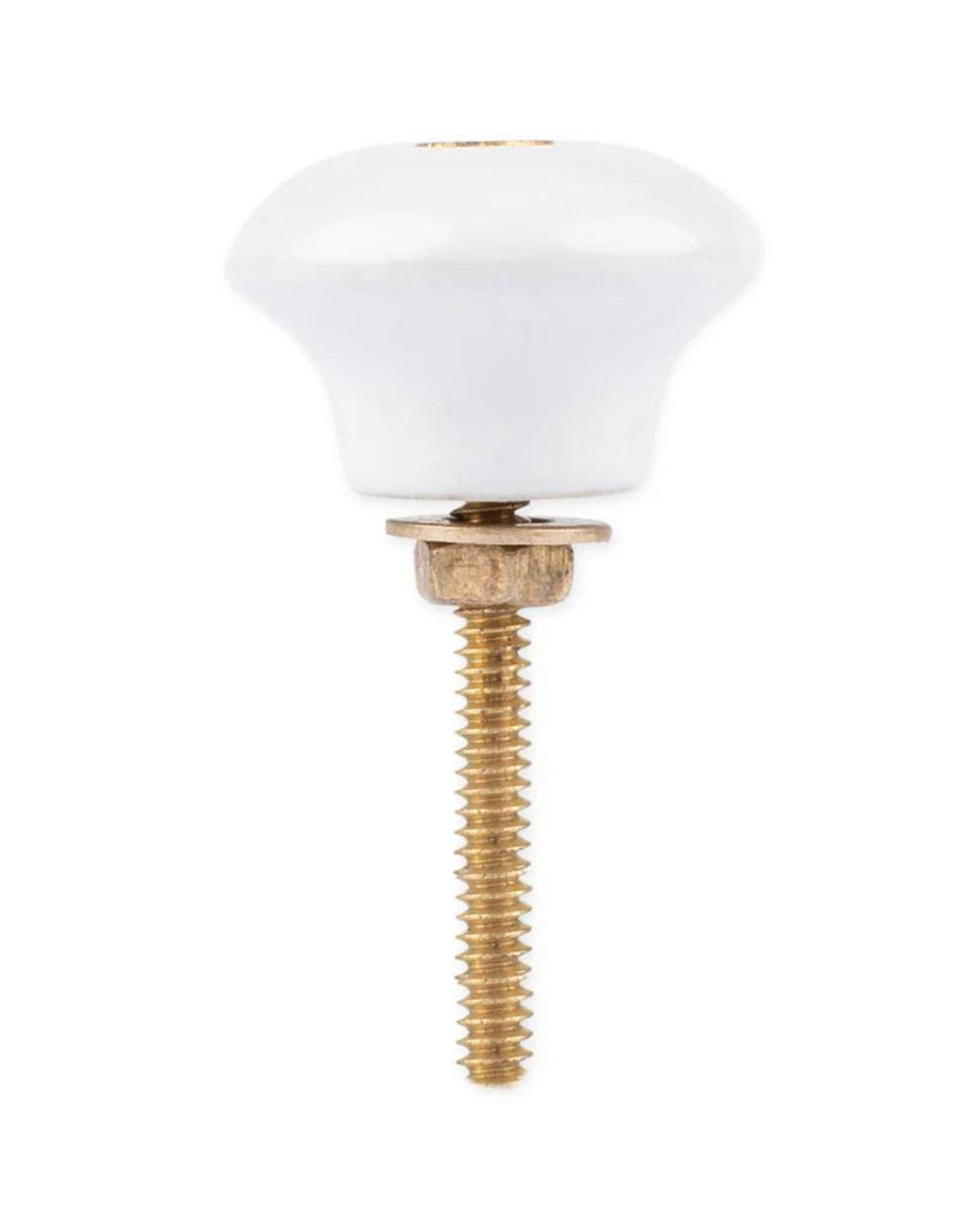 The FIREHOUSE CERAMIC KNOB by Society Ink showcases a smooth, rounded design with a brass screw that extends seamlessly downward, complete with intricate threading and washer. Its flawless white ceramic finish makes it perfect for bathroom knobs, beautifully set against a plain white background.