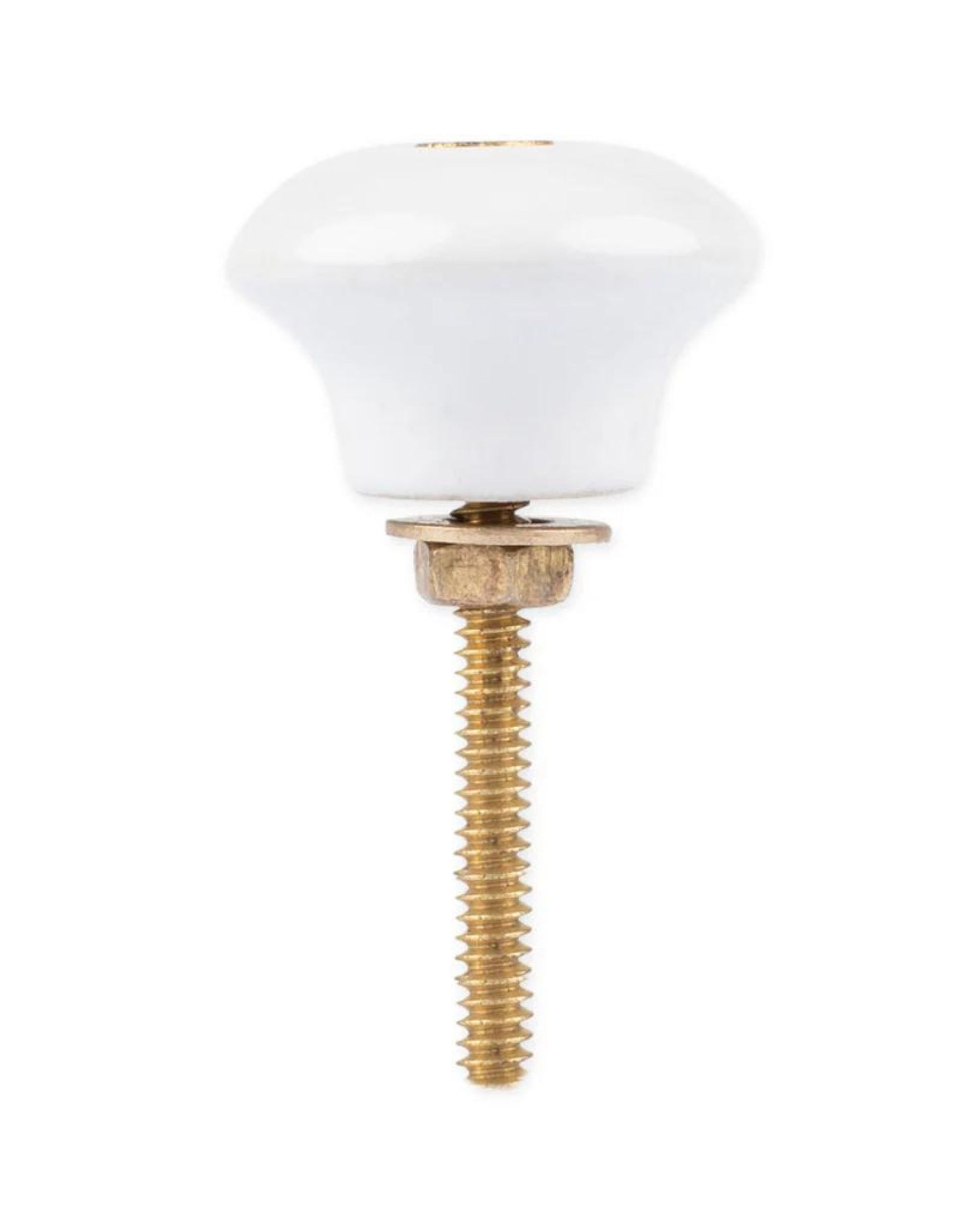 The FIREHOUSE CERAMIC KNOB by Society Ink showcases a smooth, rounded design with a brass screw that extends seamlessly downward, complete with intricate threading and washer. Its flawless white ceramic finish makes it perfect for bathroom knobs, beautifully set against a plain white background.