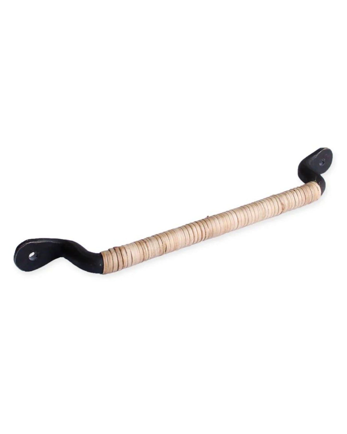 The FLEET DRAWER PULL by Society Ink is a stylish metal drawer handle featuring black ends and a light tan natural fiber-wrapped grip, crafted for easy use and contemporary aesthetics.