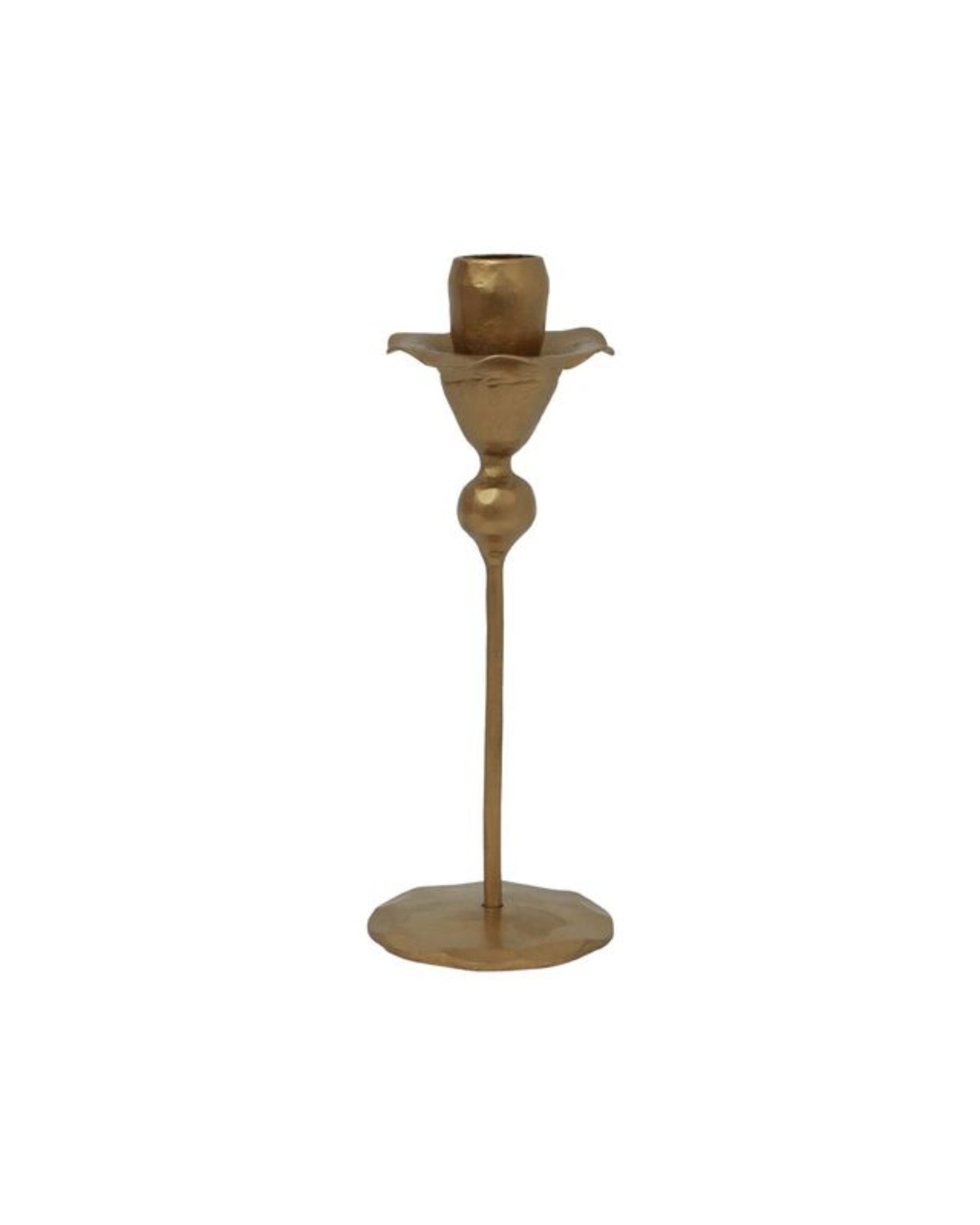 The FLOWER CANDLE HOLDER by French Country is a gold-forged iron candlestick with a sculptural design, showcasing a flower-like top on an elegant, textured stem and a round base. It's perfect for adding an elegant touch to your home décor against a plain white background.