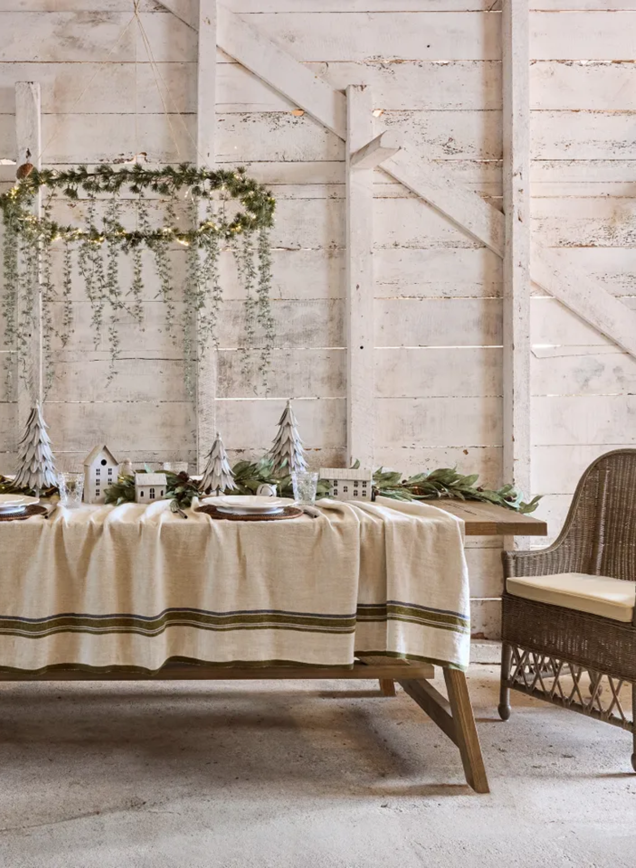 GREEN SELVEDGE STRIPE LINEN TABLECLOTH