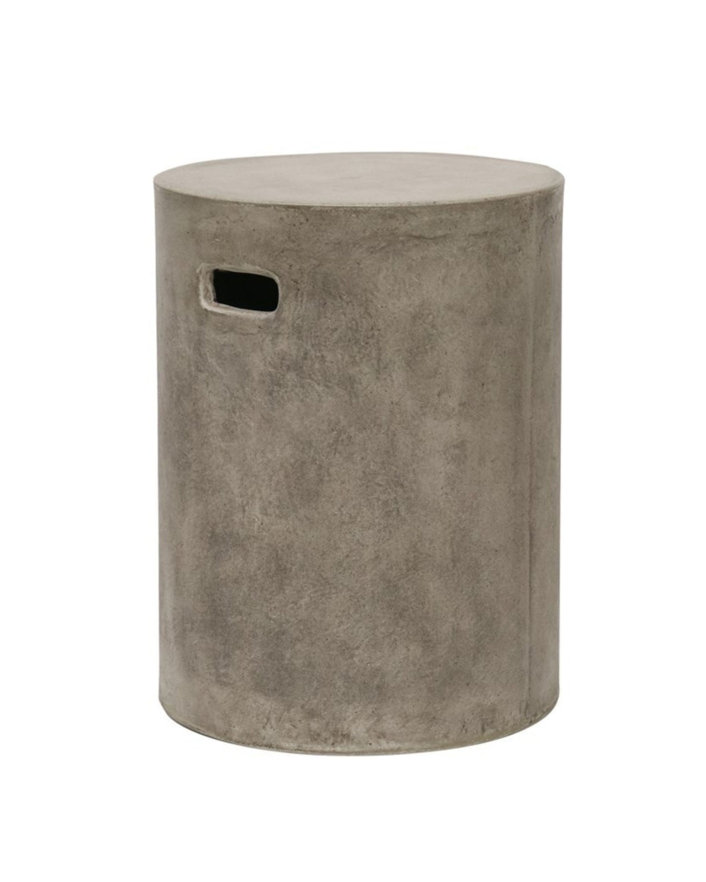 The CONCRETE PIPE SIDE TABLE / STOOL by Hawthorne is a round, gray furniture piece crafted from concrete, featuring a smooth surface and a side handle cutout that exemplifies minimalist design at its best.