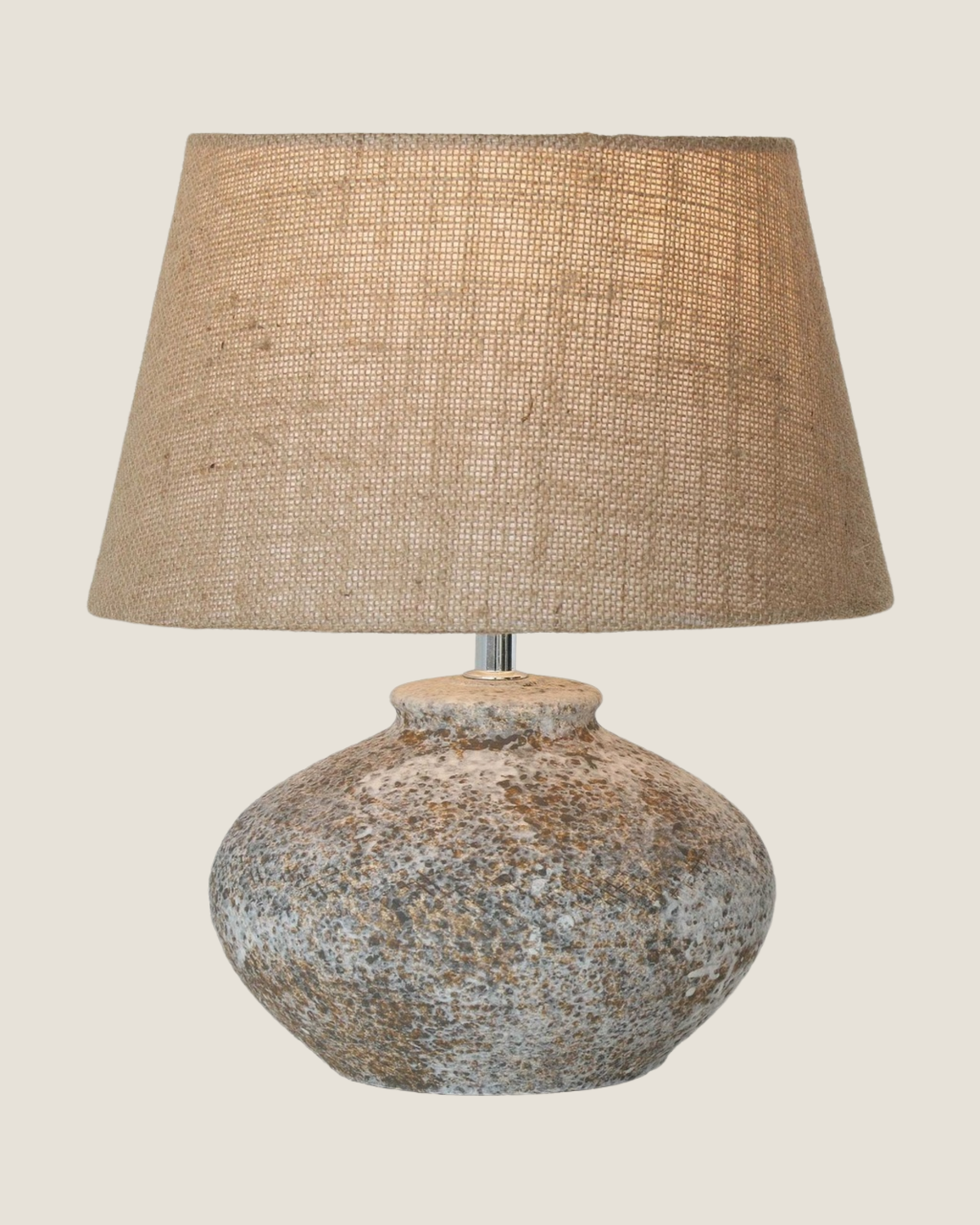 GREY STONE CERAMIC TABLE LAMP W/ HESSIAN SHADE