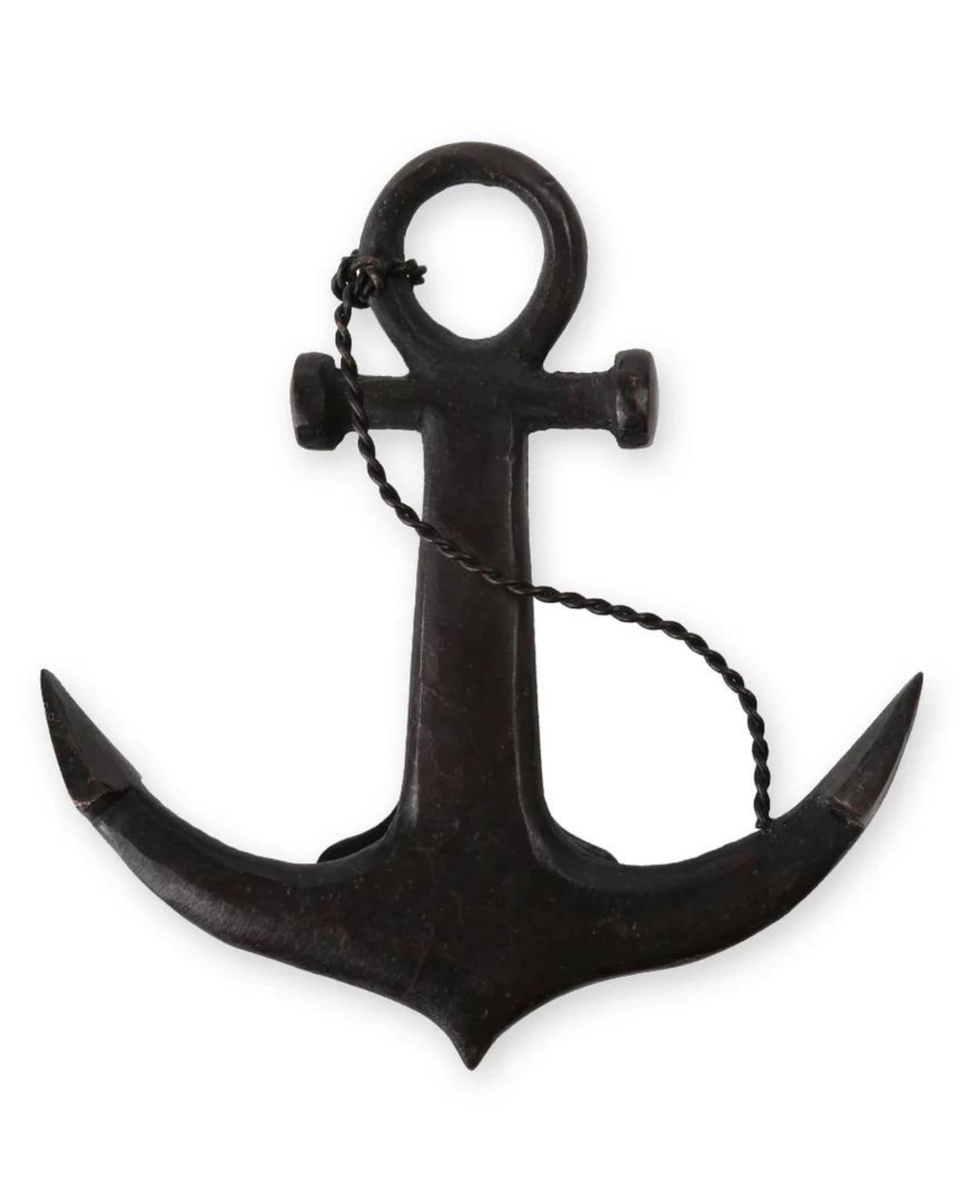 The Society Ink HELLO SAILOR KNOCKER, featuring a black metal anchor design with a ring at the top and two flukes at the bottom, makes for a striking door accessory. Its short, twisted rope attached to the ring enhances its appearance against a plain white background, bringing nautical charm to your home decor.