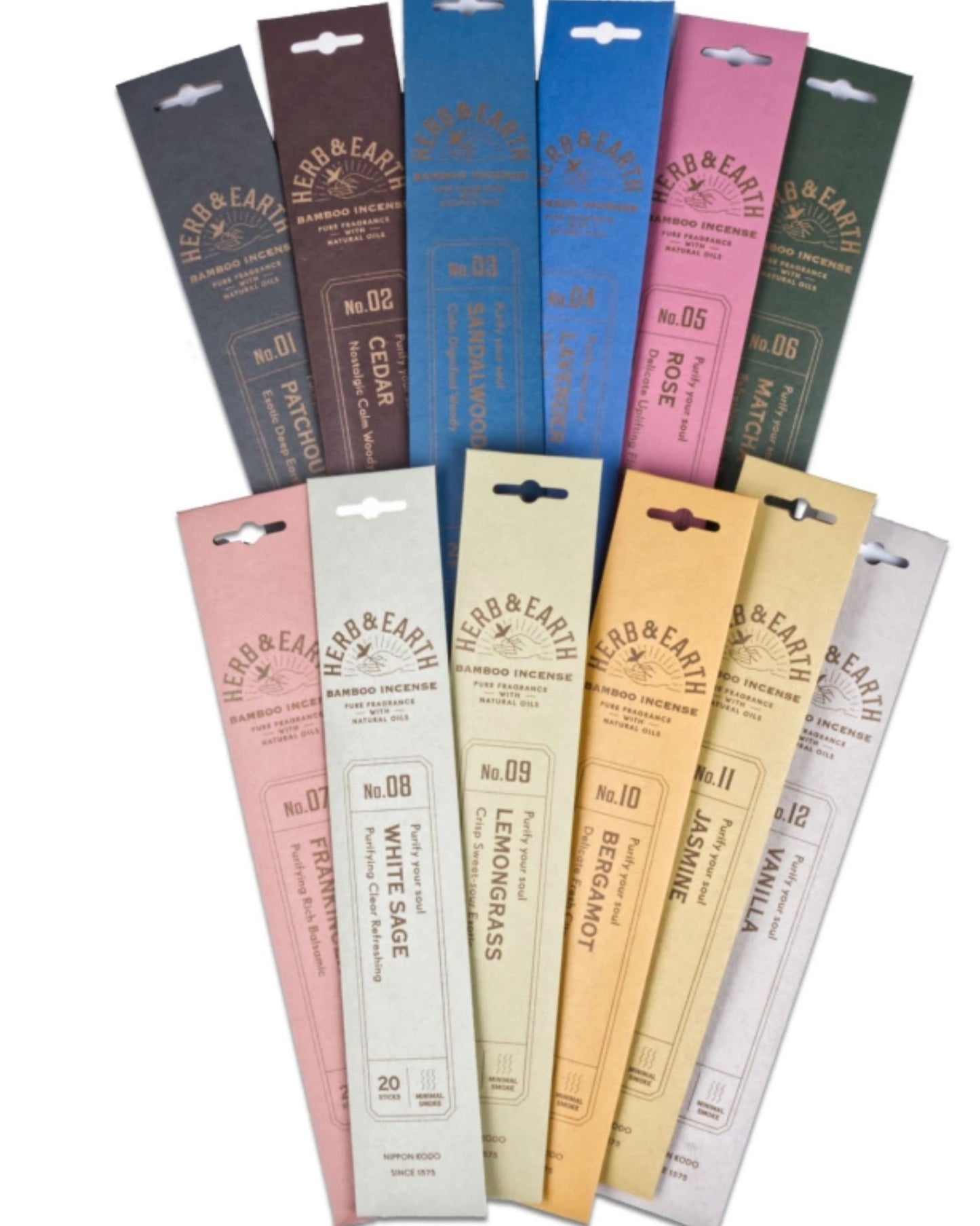 A selection of Herb and Earth bamboo incense sticks in assorted colors, each delivering a clean fragrance such as Cedar, White Sage, and Lemongrass. These INCENSE - HERB AND EARTH packages produce minimal smoke and are artistically displayed.