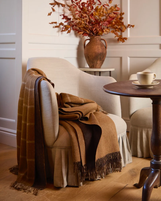 HERRINGBONE CHECK 100% MERINO THROW - CAMEL & CHOCOLATE